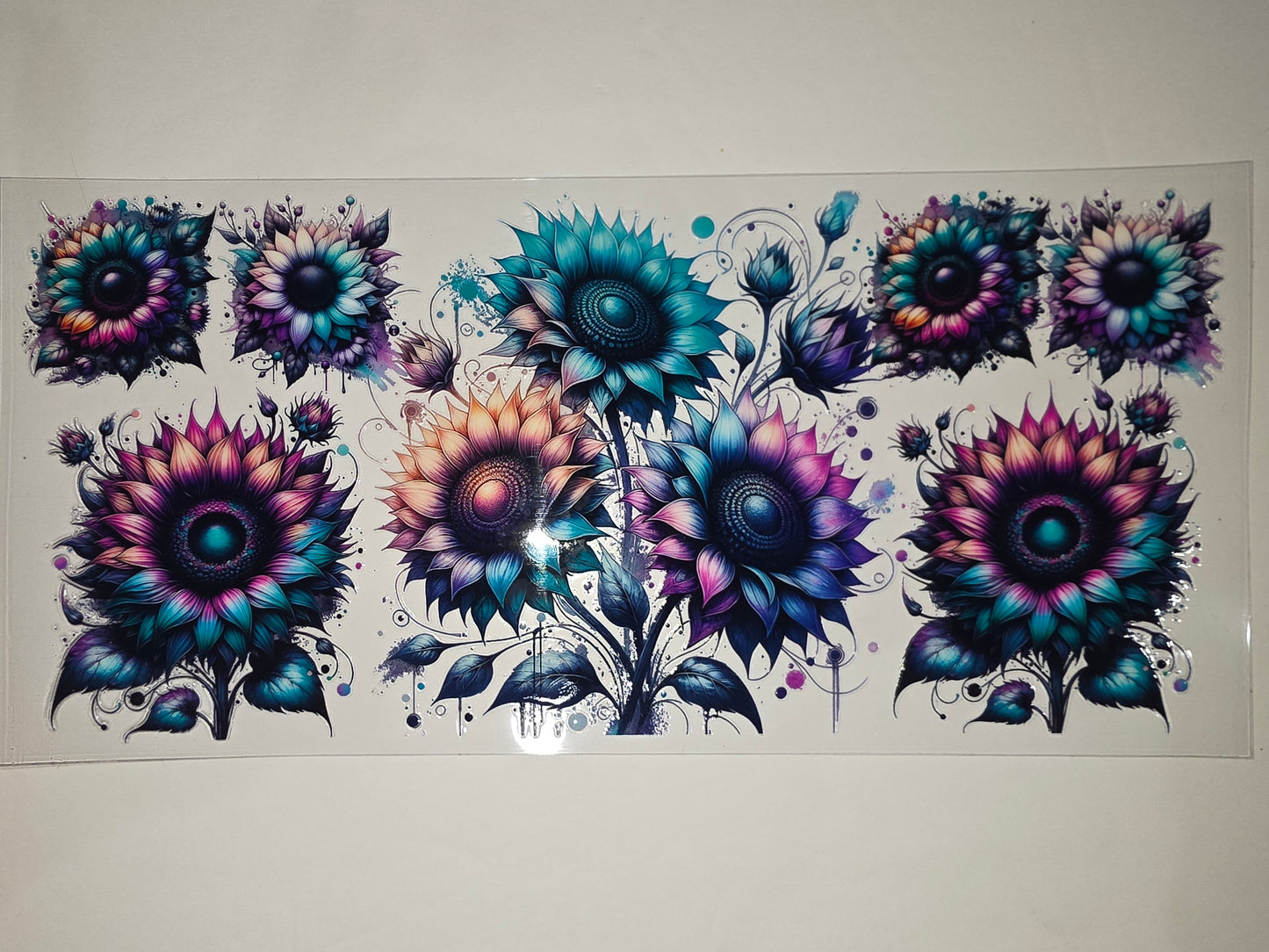 Vibrant Teal & Purple Sunflower Tumbler Wrap | Abstract Floral Drinkware Design