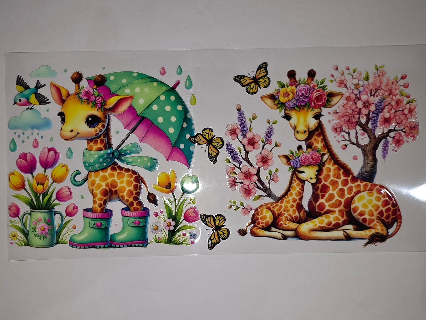 Cute Giraffe Family Spring Floral Tumbler Wrap | Pink Tulips, Cherry Blossoms, Butterflies