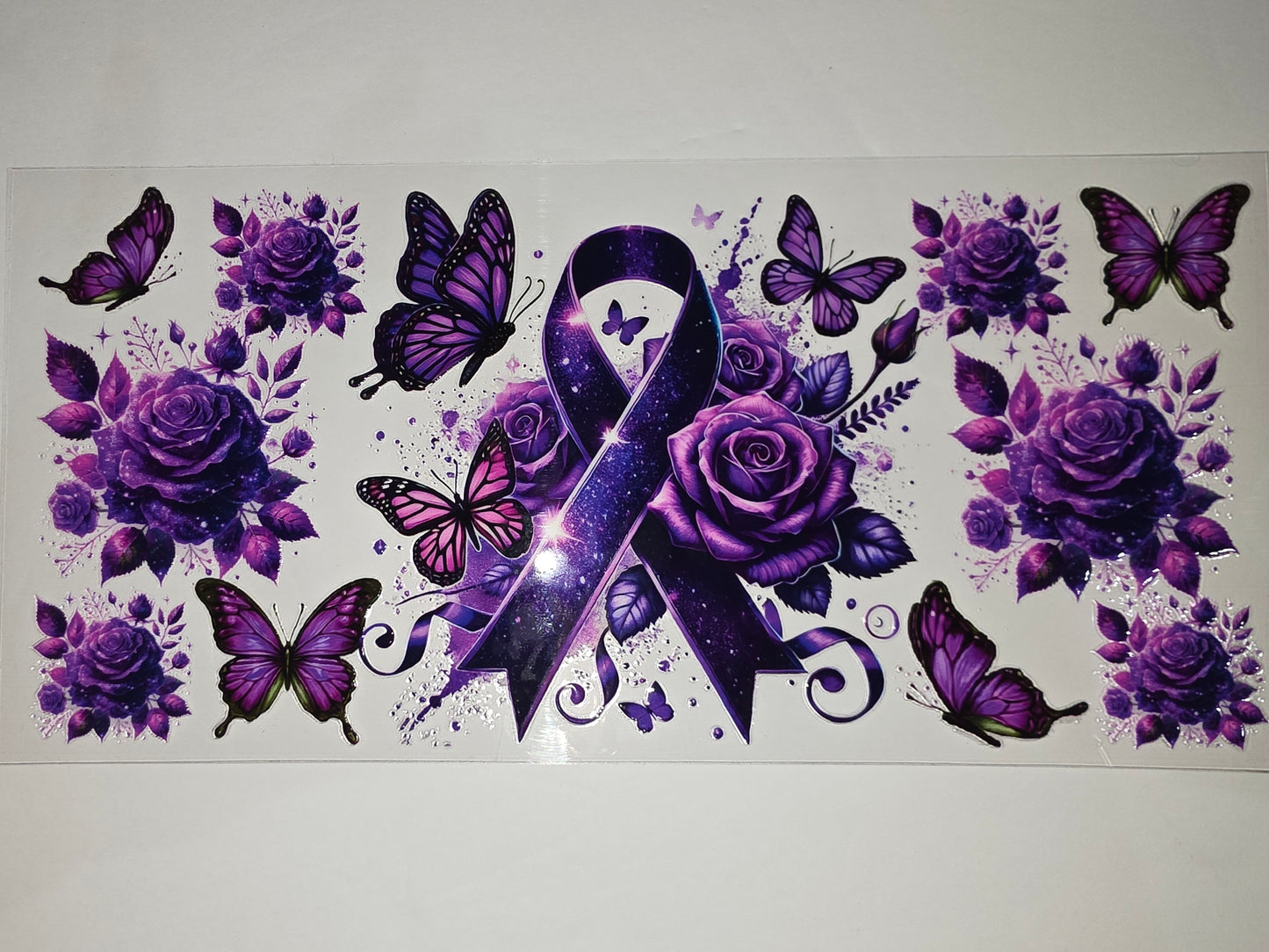 Purple Butterfly & Rose Awareness Ribbon Tumbler Wrap | Floral Butterfly Cup Design