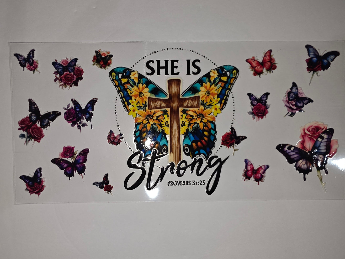 She is Strong Butterfly & Rose Tumbler Wrap | Christian Faith Drinkware Design