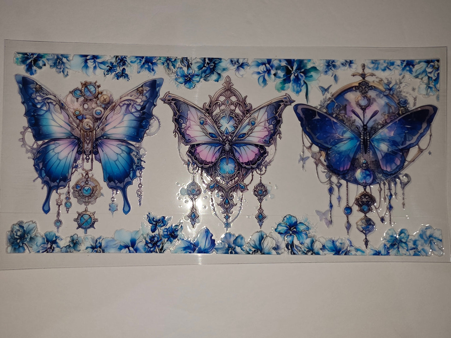 Enchanted Blue Butterfly & Floral Tumbler Wrap | Steampunk Gemstone Design