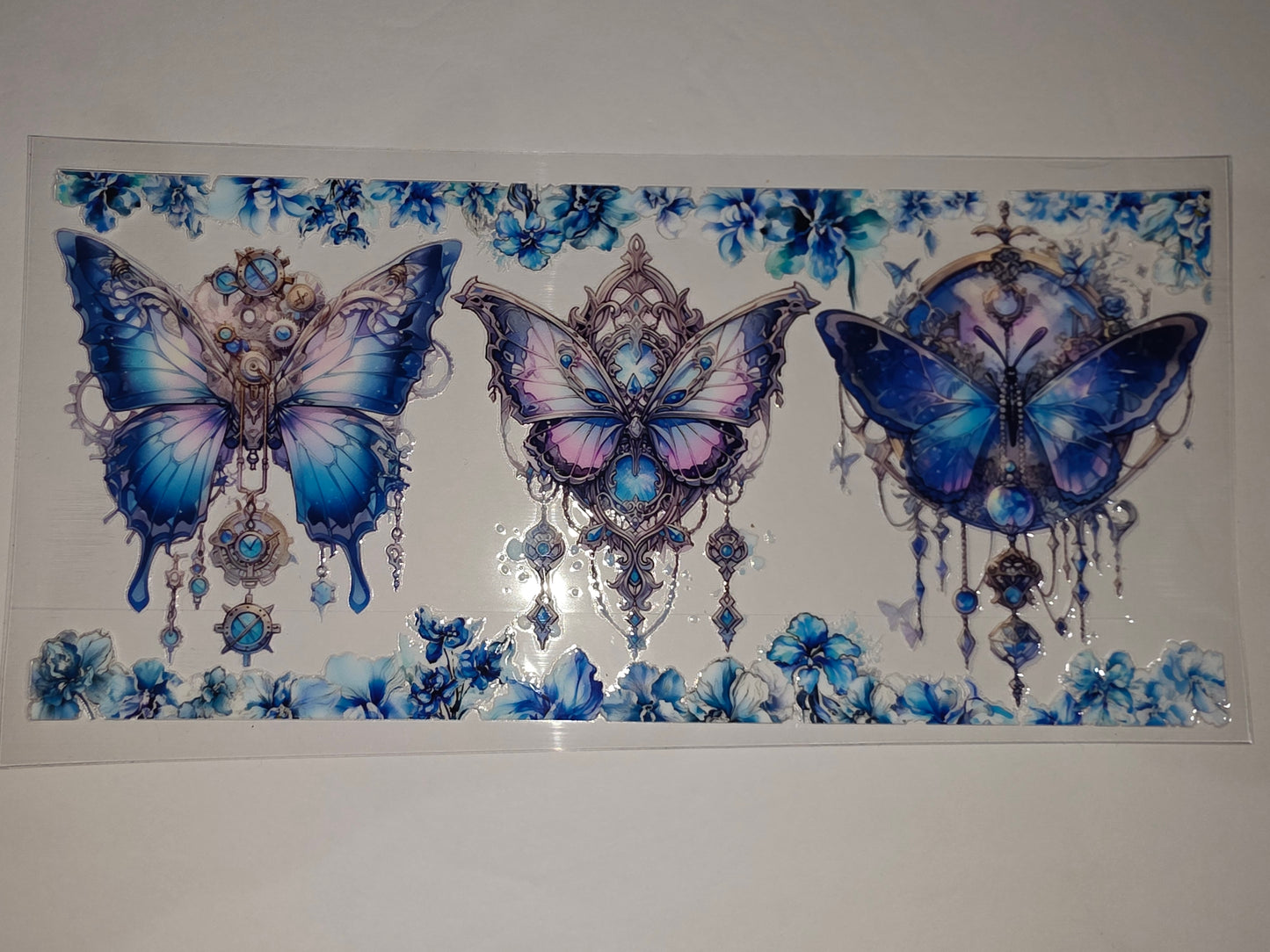 Enchanted Blue Butterfly & Floral Tumbler Wrap - Steampunk & Gemstone Design