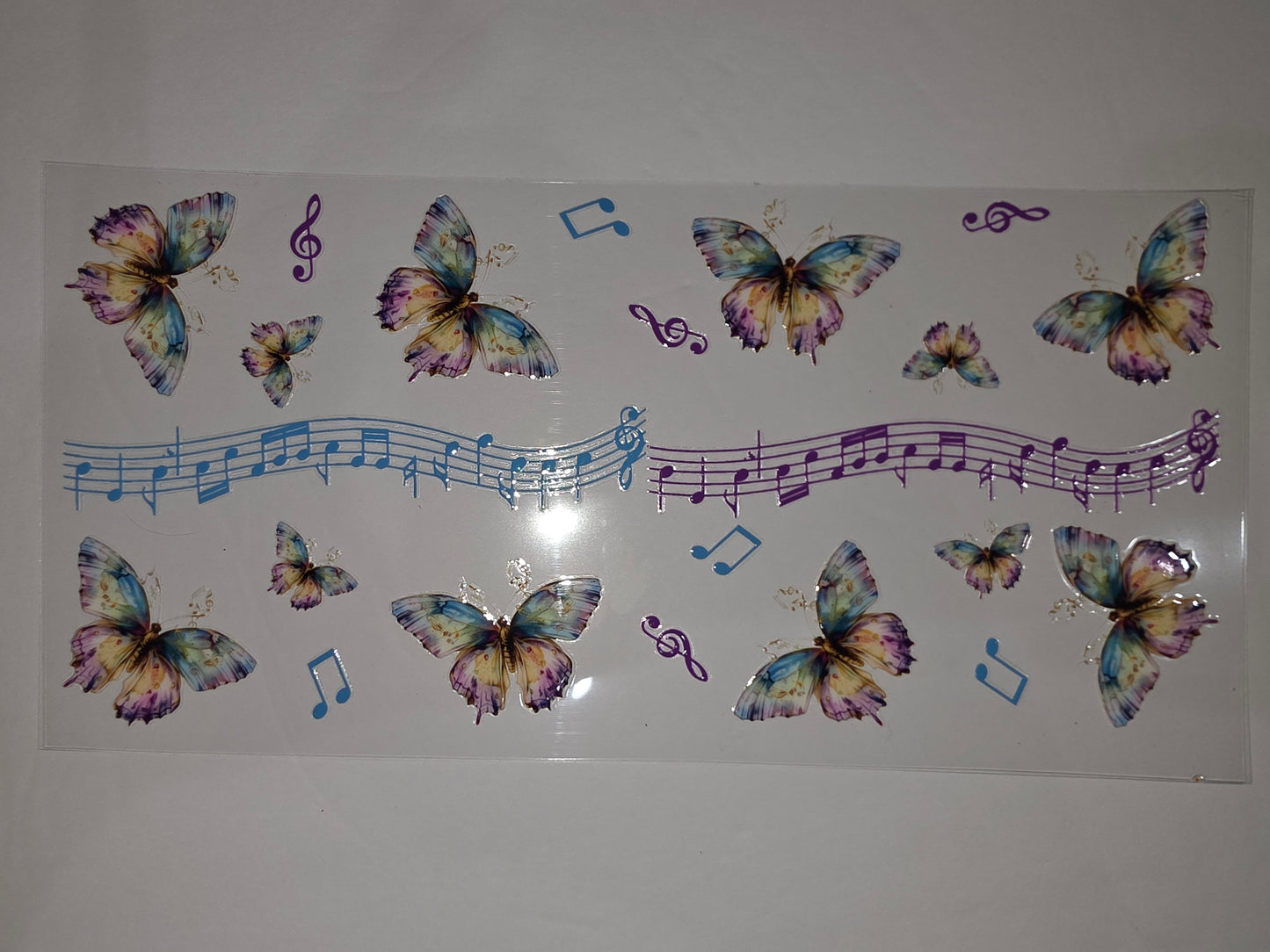 Whimsical Butterfly & Music Notes Tumbler Wrap | Blue, Purple, Yellow & Green Design
