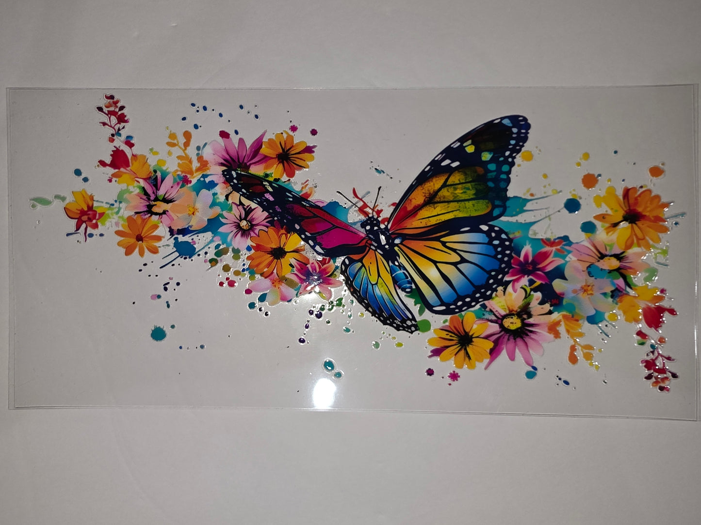 Vibrant Butterfly & Floral Tumbler Wrap - Rainbow Monarch, Watercolor Flowers, Splatter Design