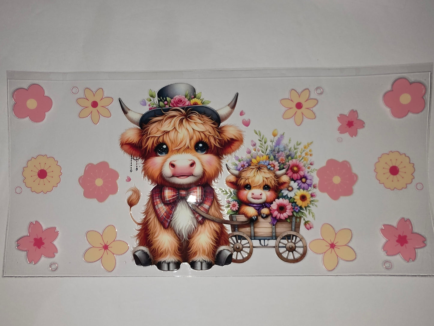 Cute Highland Cow & Calf Tumbler Wrap - Floral Wagon Design - Pink & Yellow Flowers