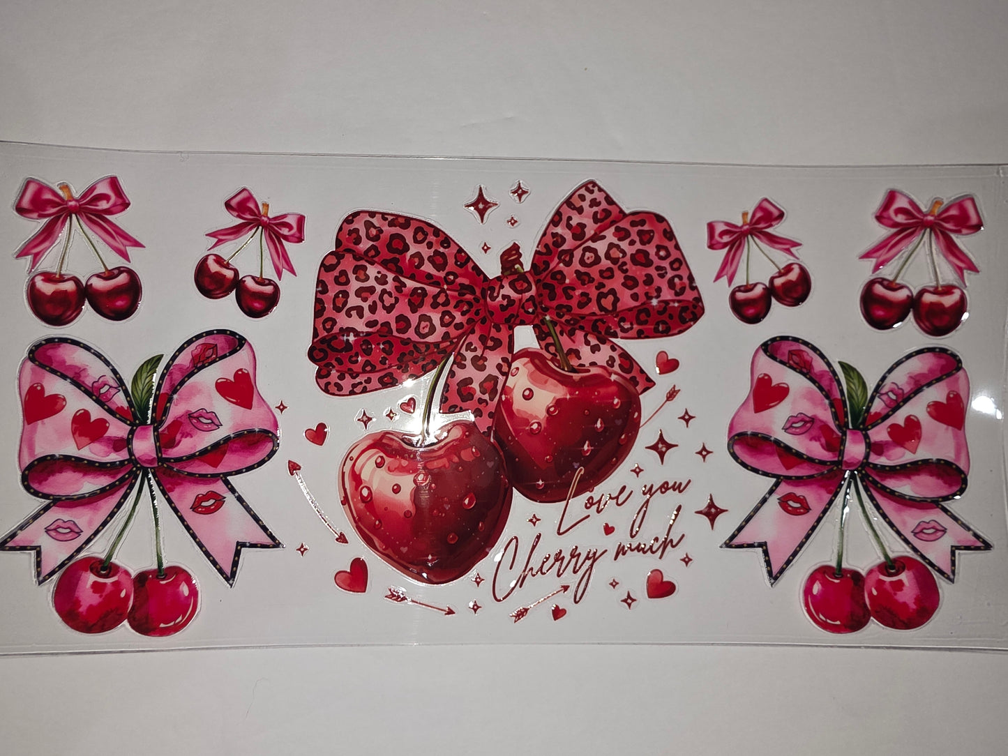 Red Cherry & Pink Bow Tumbler Wrap | Valentine's Day Leopard Print Drinkware Design
