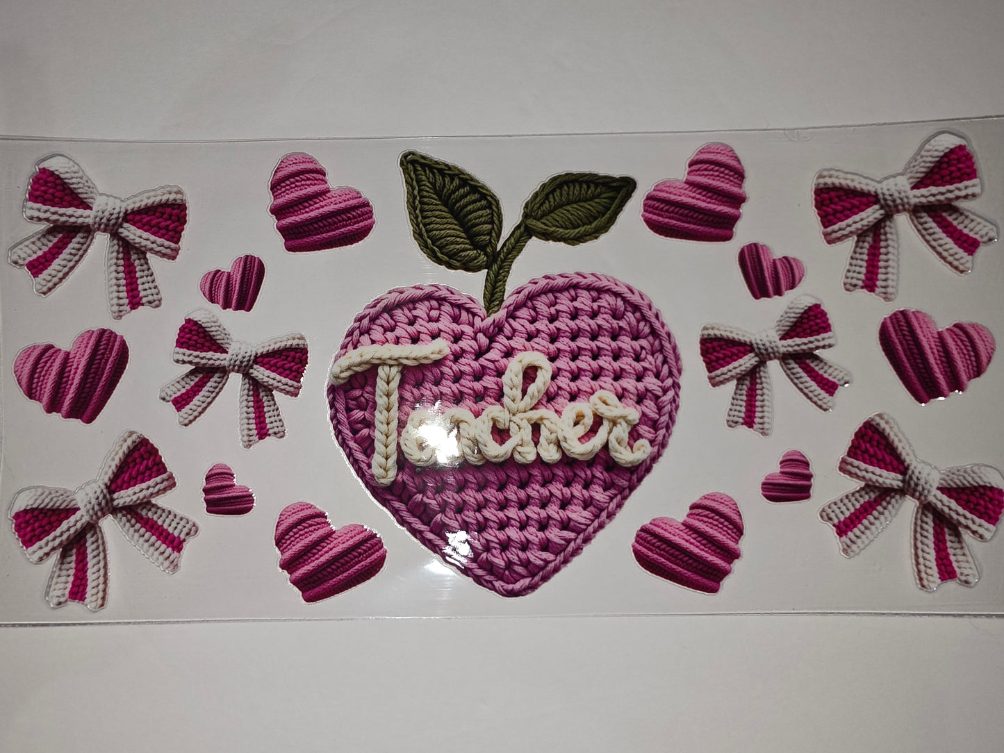 Pink Crochet Heart Teacher Tumbler Wrap | Bows & Hearts Design