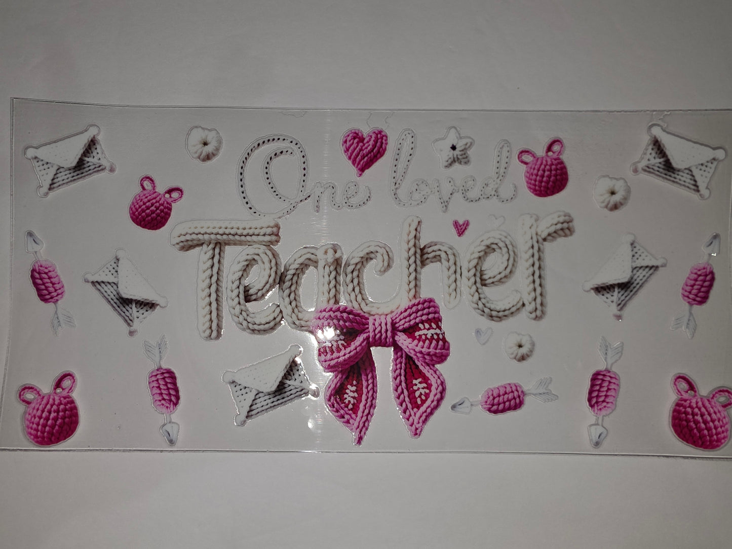Knitted Teacher Tumbler Wrap Design - Pink & White "One Loved Teacher" Sublimation Cup Art