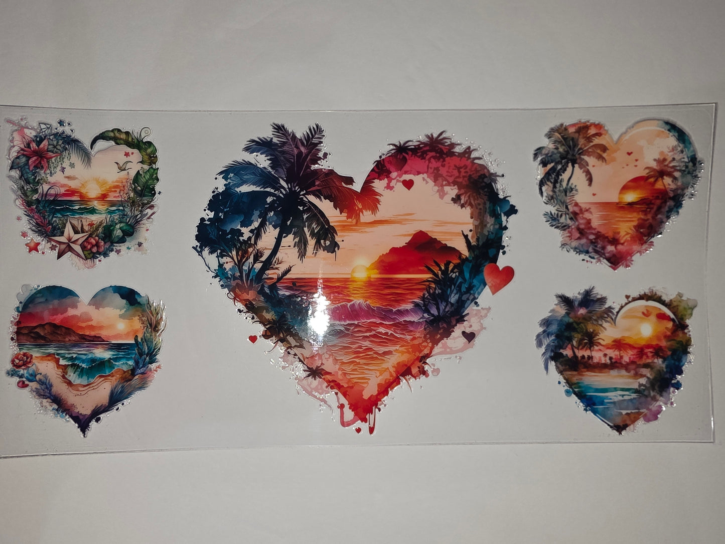 Tropical Sunset Heart Tumbler Wraps - Vibrant Beach & Palm Tree Designs
