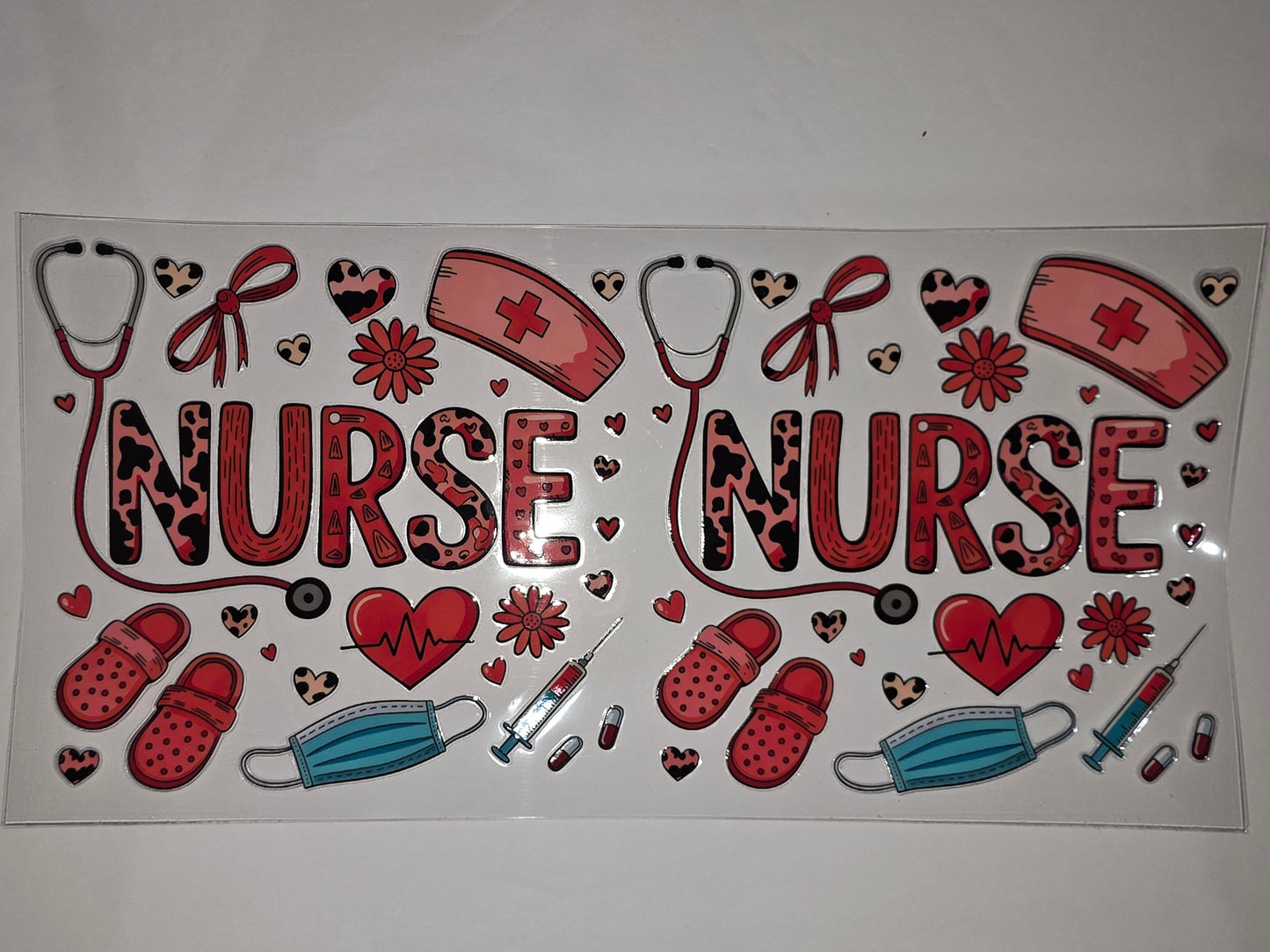 Cute Nurse Tumbler Wrap - Leopard Print, Red & Pink Medical Icons