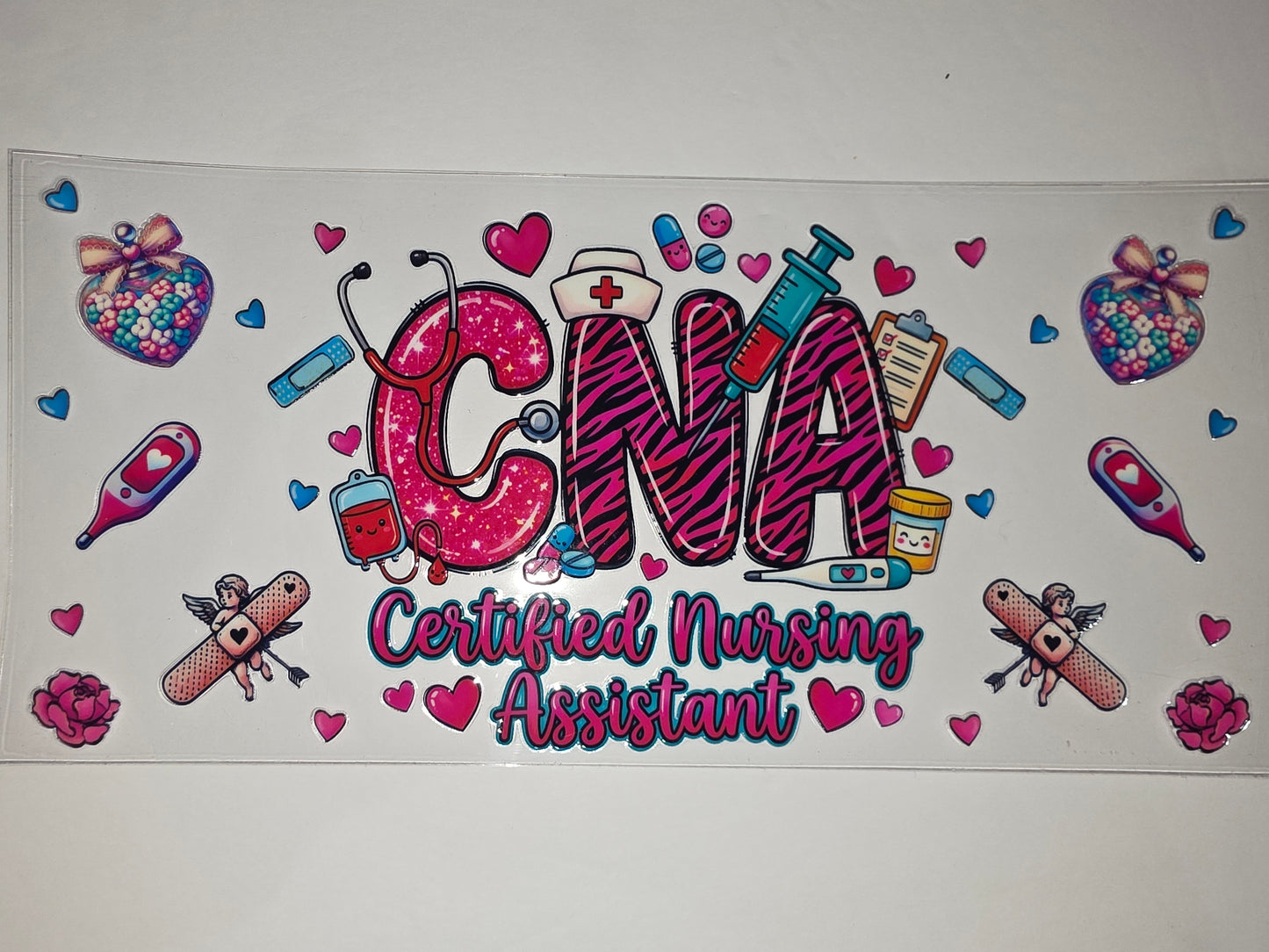 CNA Certified Nursing Assistant Tumbler Wrap - Pink Zebra & Medical Icons