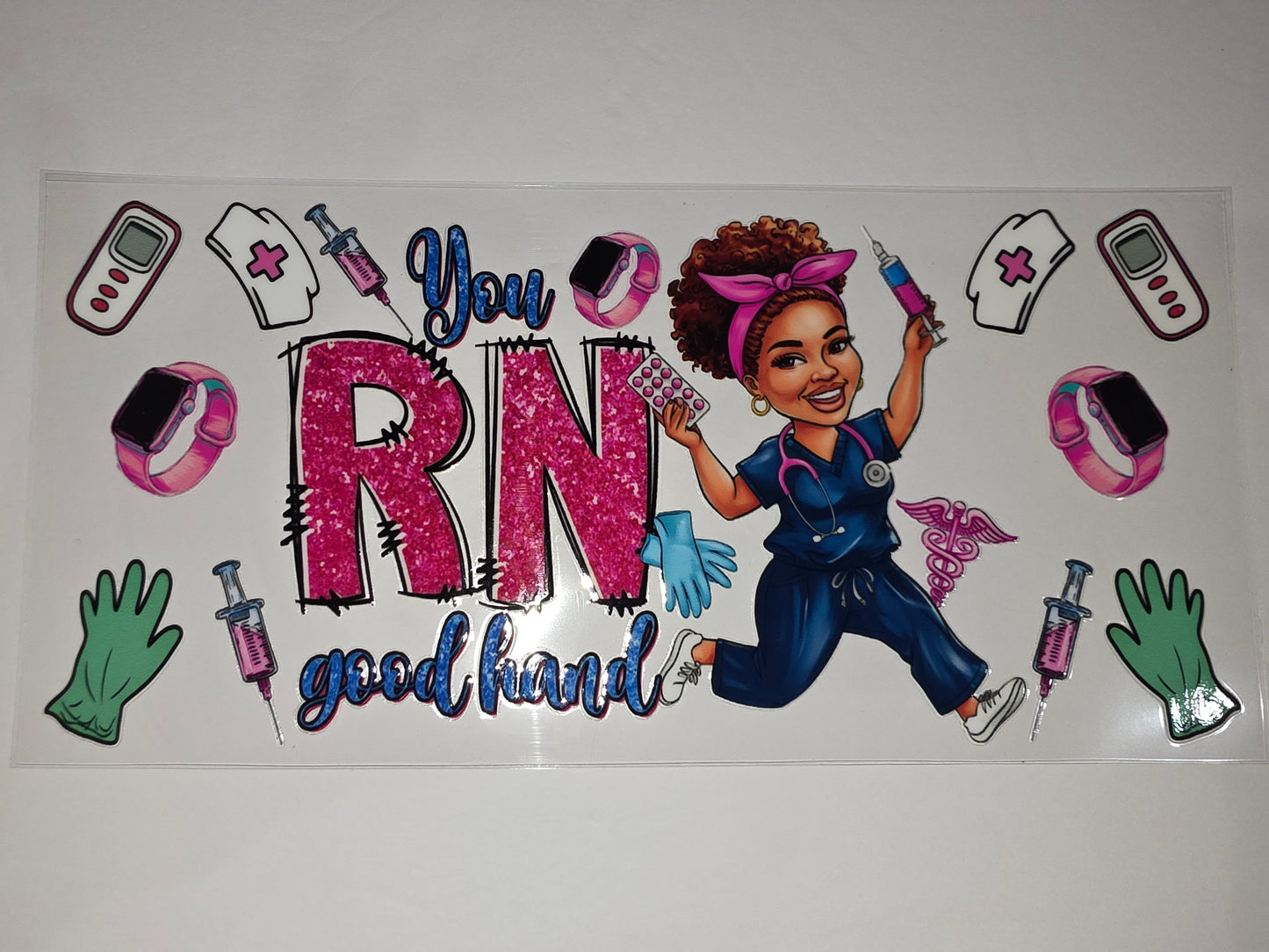 RN Nurse Tumbler Wrap | Pink Glitter "RN" & Medical Icons | Gift for Nurses