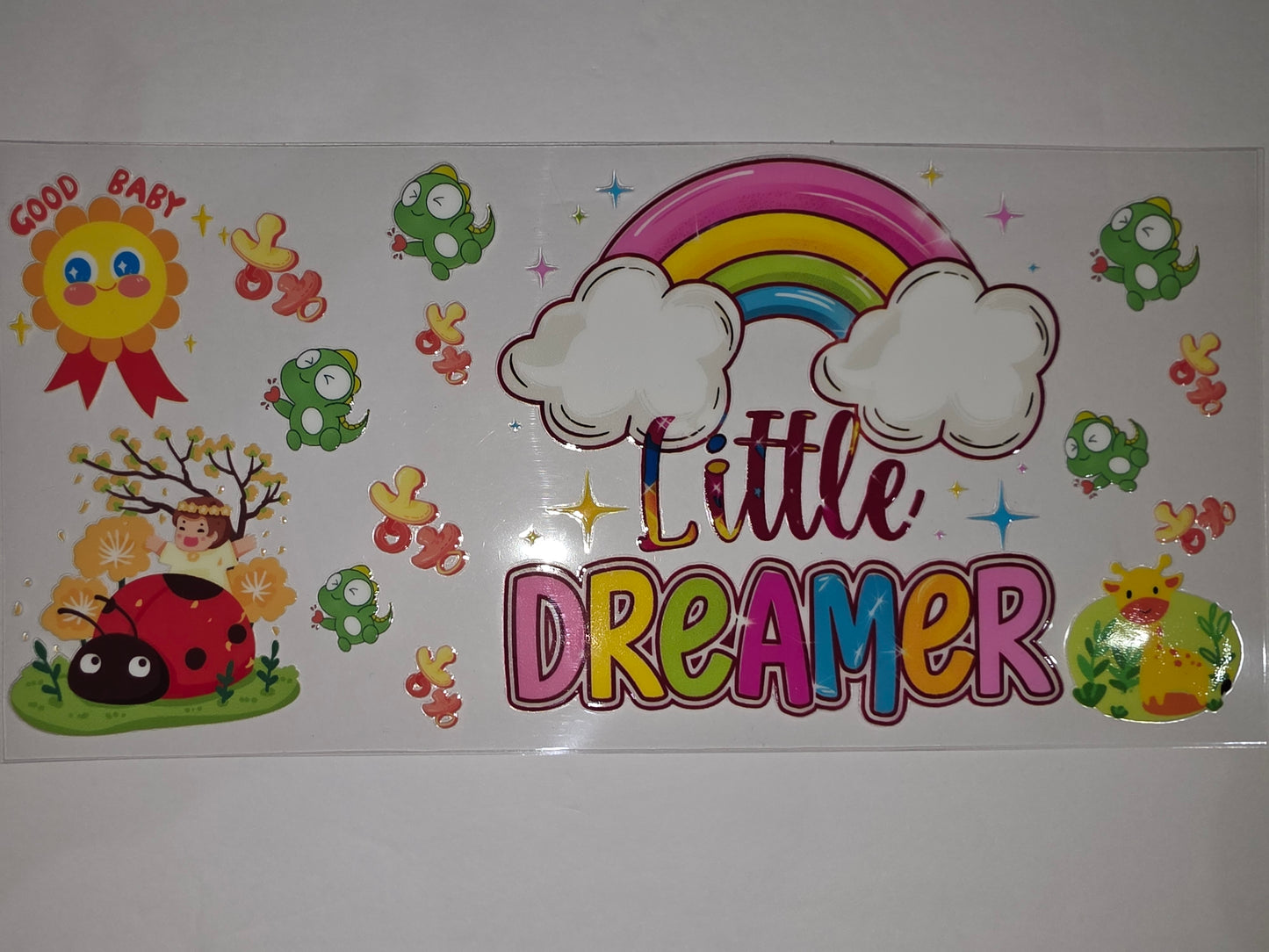 Cute Little Dreamer Rainbow Dinosaur Tumbler Wrap | Baby Shower Gift | Kids Drinkware Design