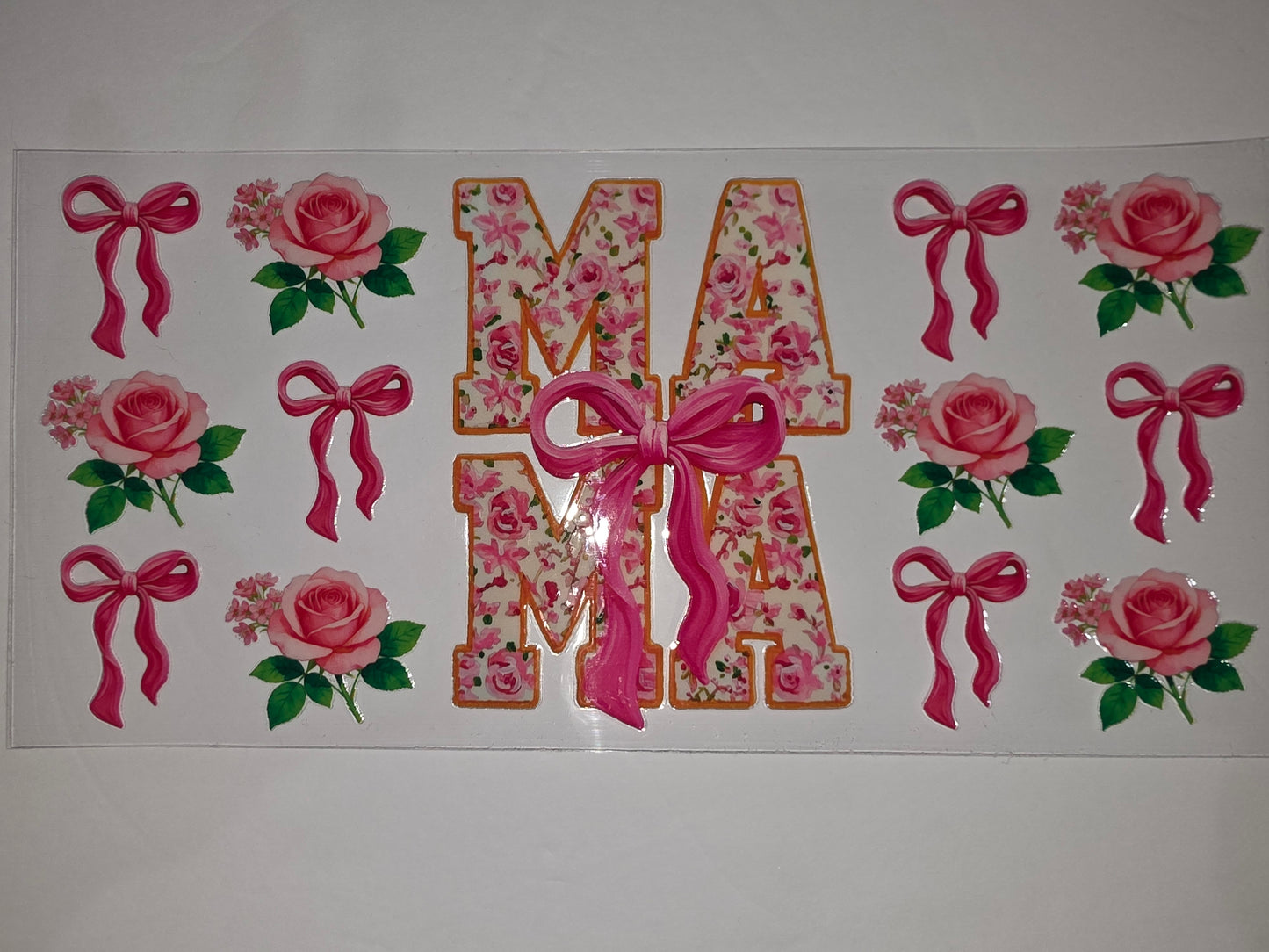 Floral "Mama" Tumbler Wrap with Pink Roses & Bows - Sublimation Design