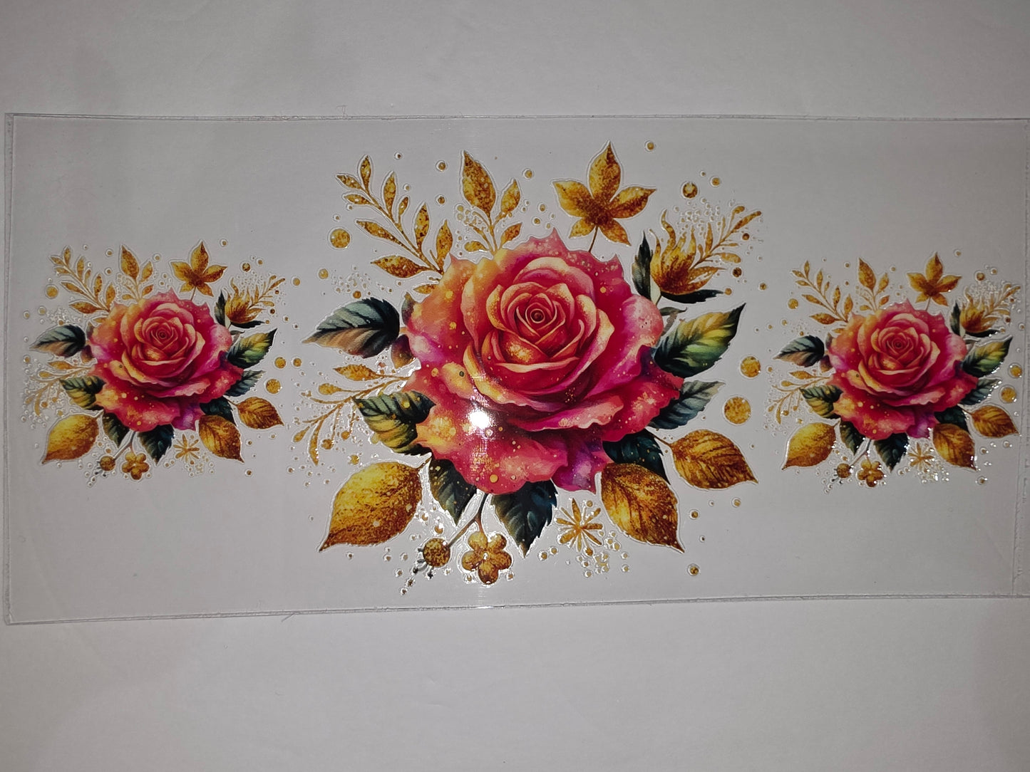 Elegant Rose Floral Tumbler Wrap - Pink, Orange, Gold Leaves - Sublimation Design