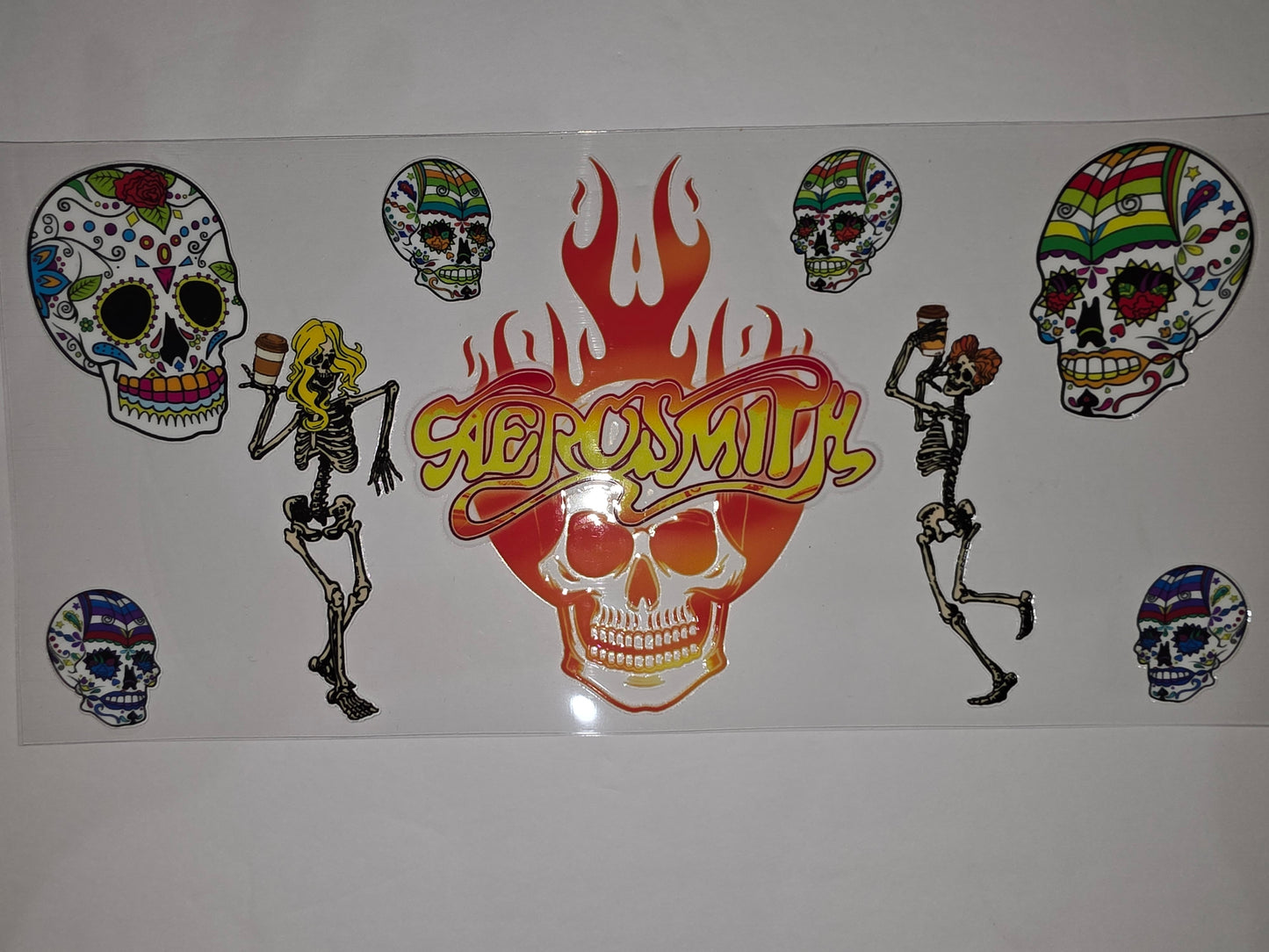Sugar Skull Skeleton Tumbler Wrap | Day of the Dead & Rock Band Flames Design