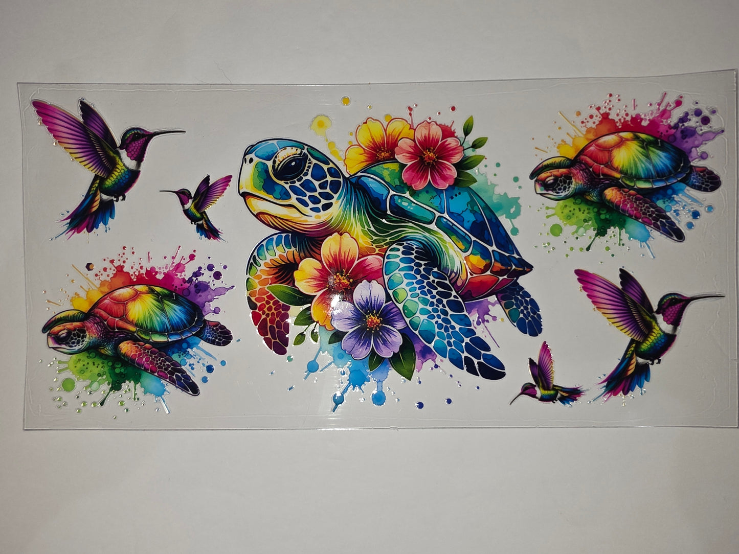 Vibrant Rainbow Sea Turtle & Hummingbird Tumbler Wrap | Floral Watercolor Drinkware Design