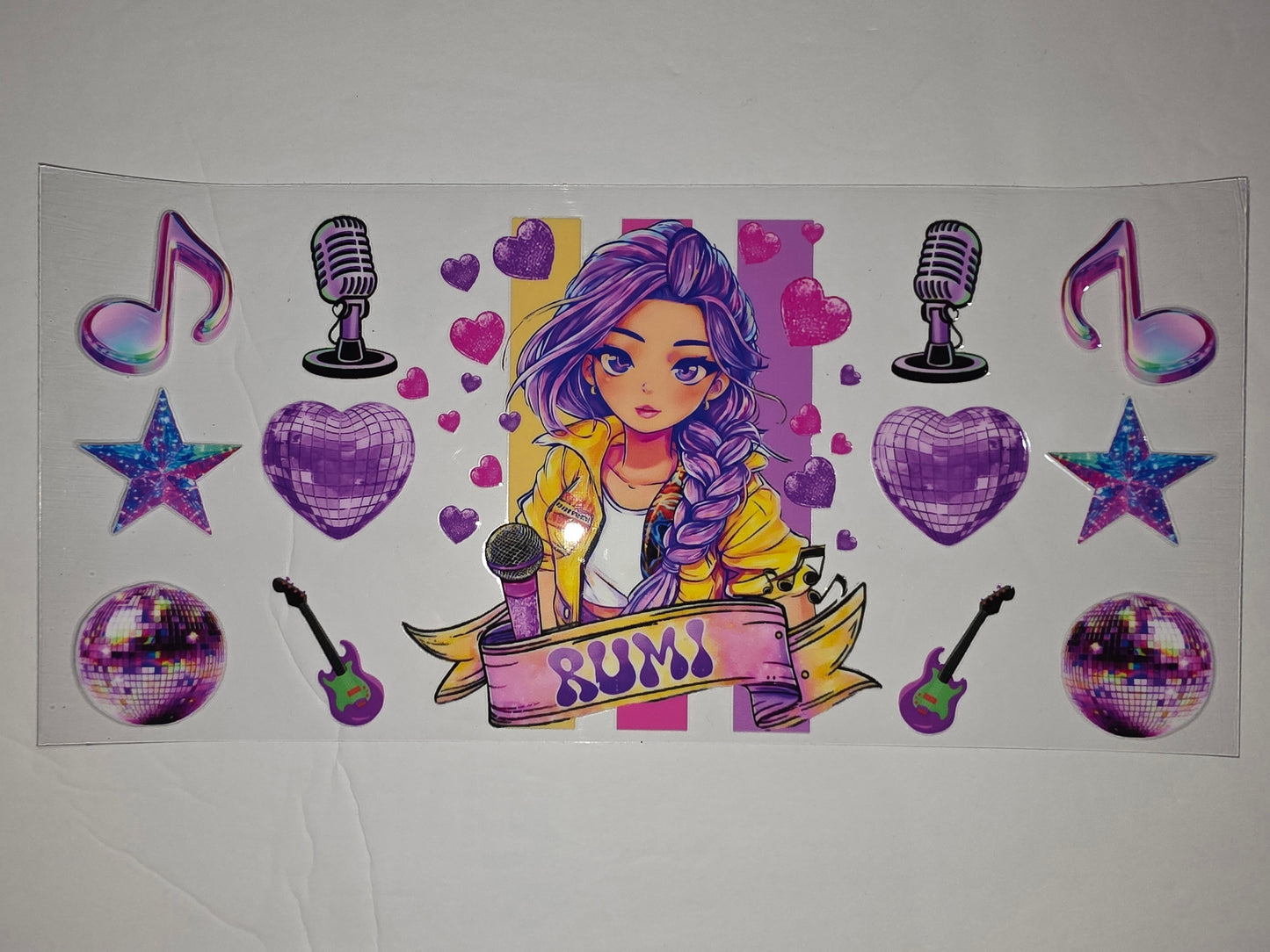 Anime Singer Tumbler Wrap - Purple Hair, Music Notes, Disco Balls, Hearts & Guitars
