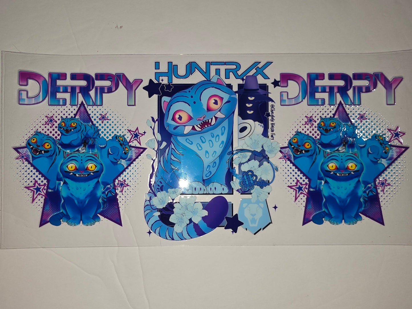 Derpy Blue Cat Tumbler Wrap - Vibrant Neon & Star Design