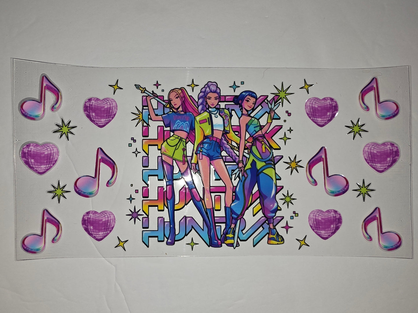 K-Pop Inspired Tumbler Wrap - Music Notes, Hearts, and Stars - Vibrant Pink, Purple, Blue, Green