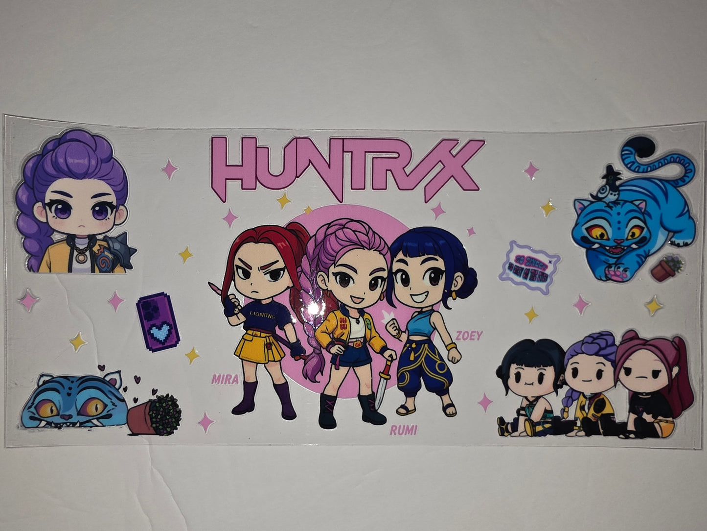 K-Pop Inspired Chibi Tumbler Wrap - Huntrax Girls, Blue Tiger, Pink & Purple Accents