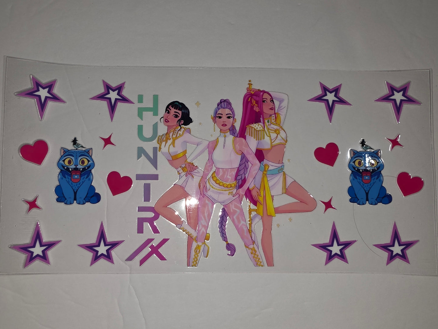 K-Pop Girl Group Tumbler Wrap - White, Gold, Purple Stars & Blue Cat Design