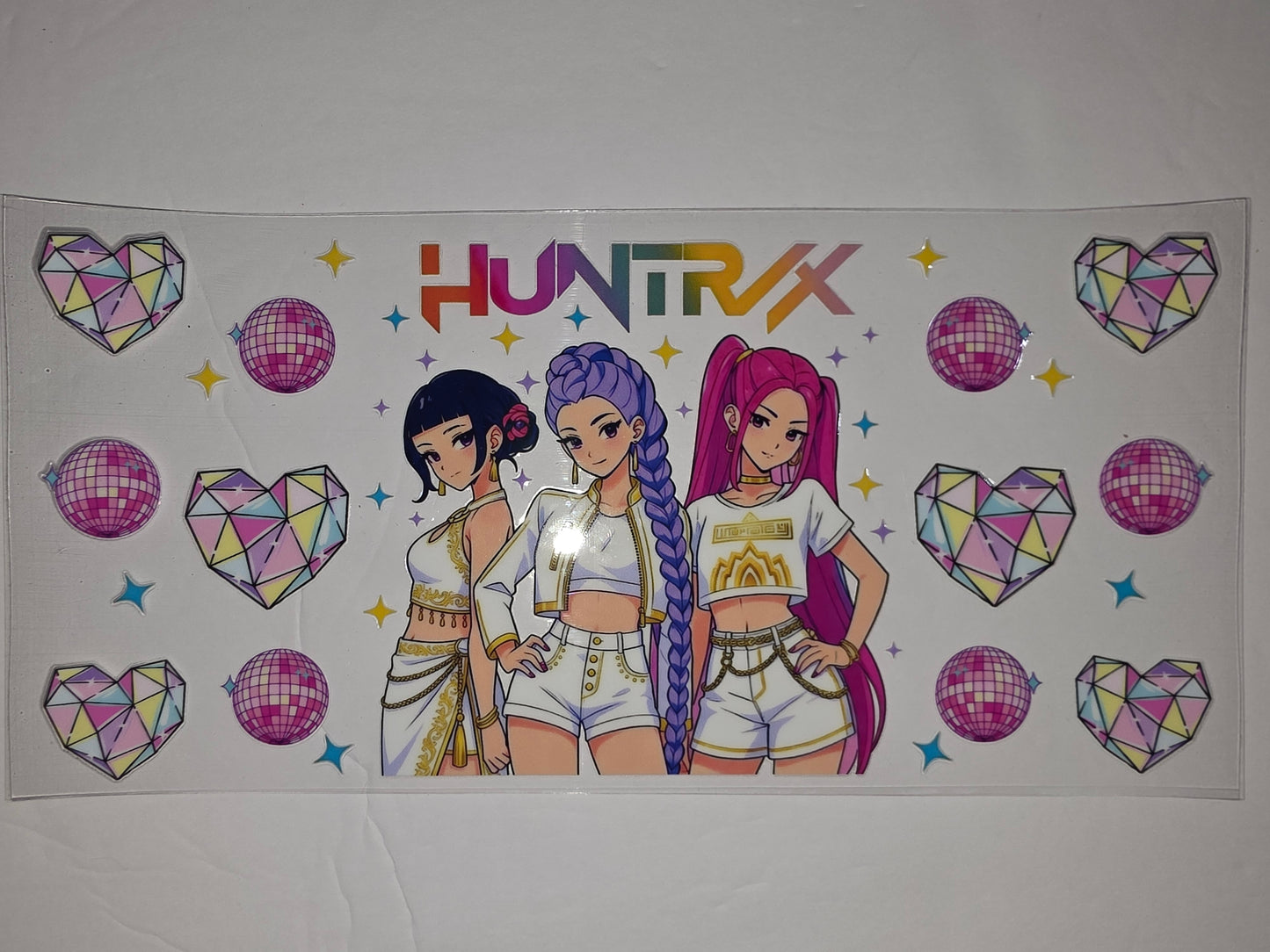 K-Pop Inspired Anime Girls Tumbler Wrap | Disco Heart & Stars | Pink, Purple, Yellow