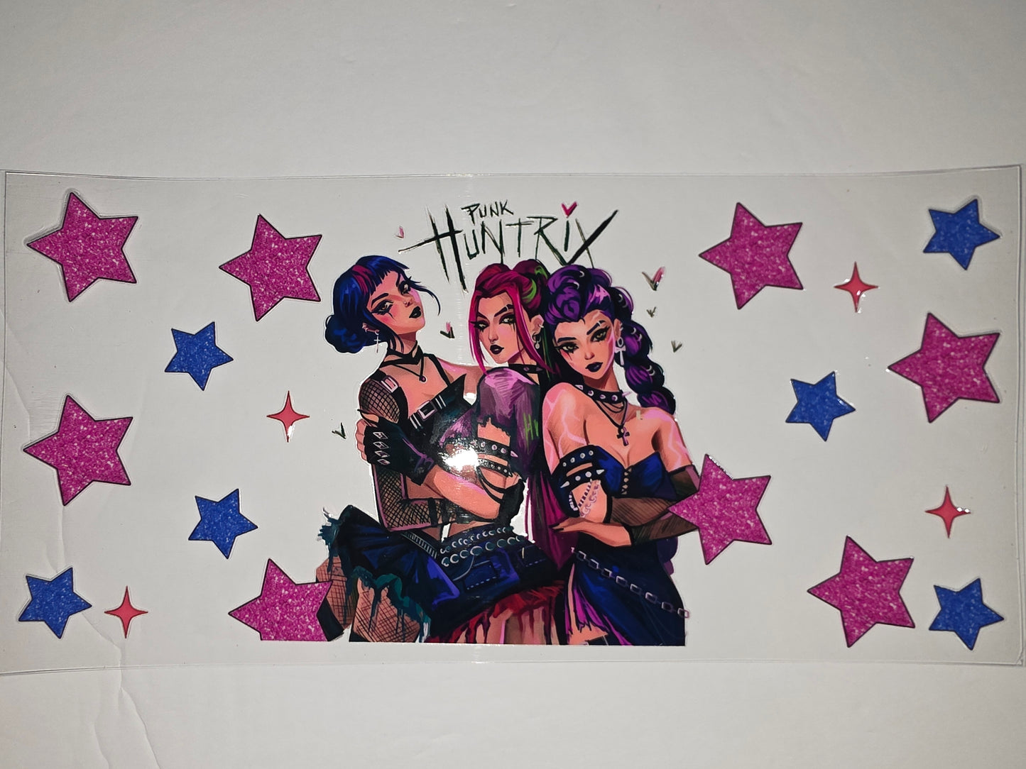 Punk Huntrix Tumbler Wrap - Gothic Anime Girls, Stars, Pink & Blue Glitter