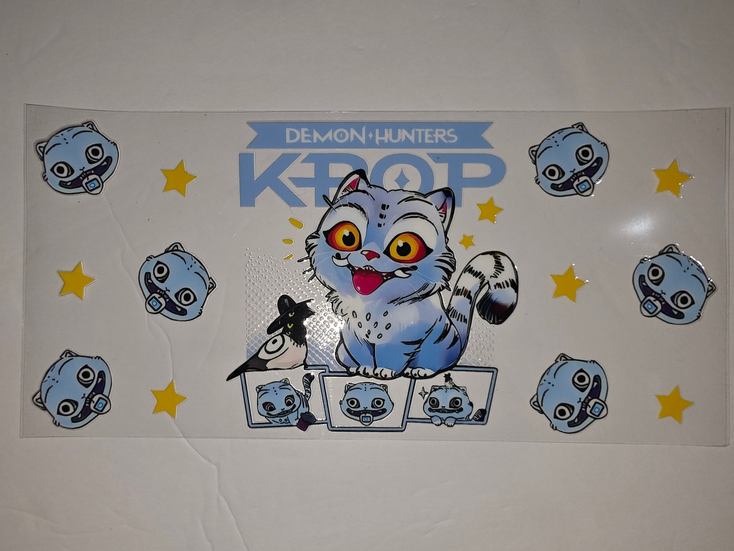 Cute K-Pop Demon Hunters Cat & Bird Tumbler Wrap | Blue, Yellow, Black Design