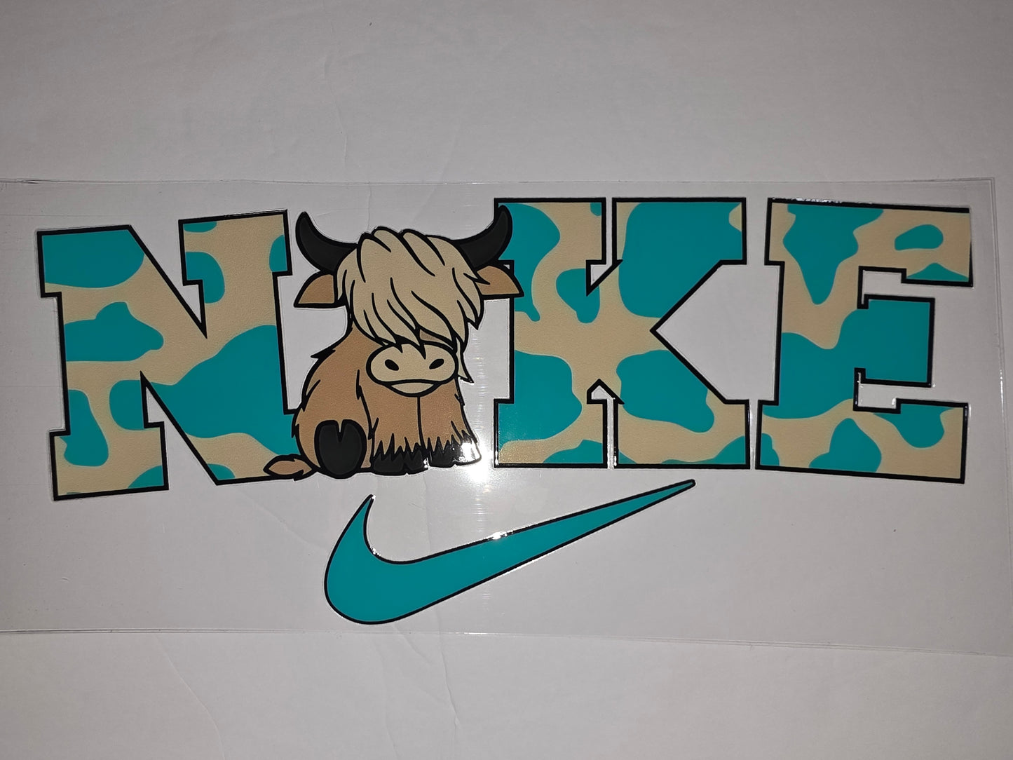 Cute Highland Cow "NIKE" Inspired Tumbler Wrap | Teal & Tan Cow Print Design