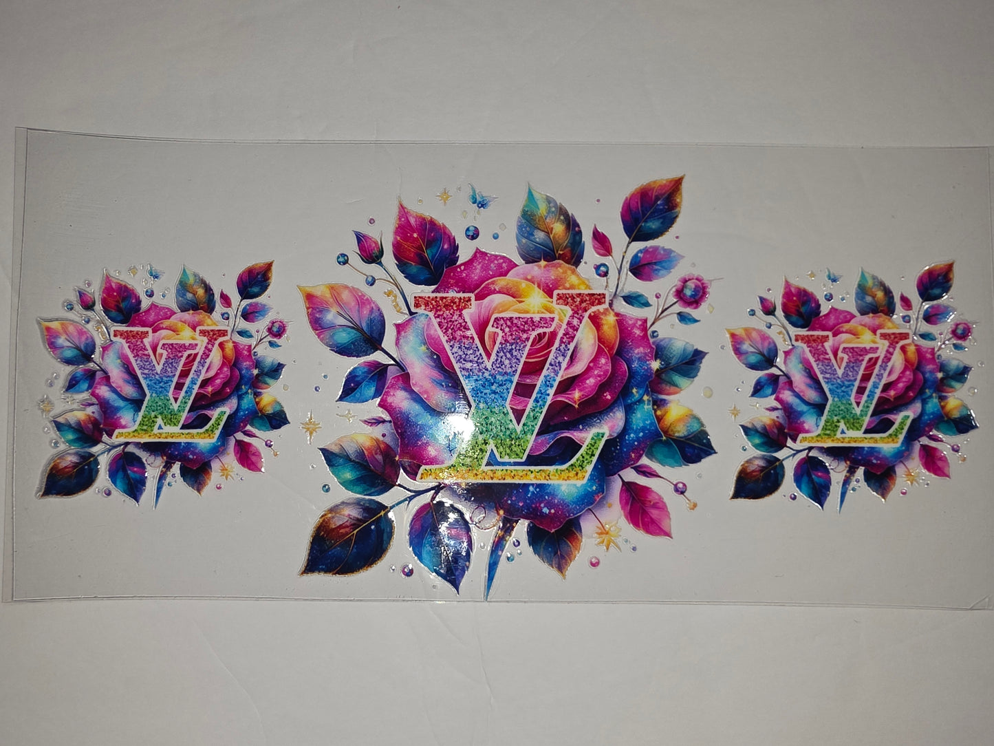 Rainbow Galaxy Rose LV Tumbler Wrap | Glitter Floral Drinkware Design