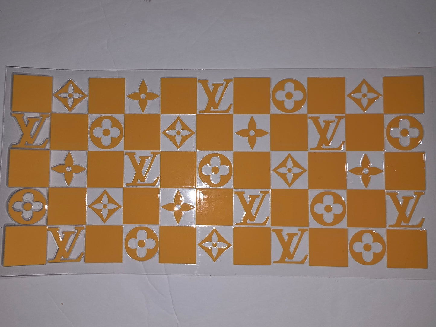 Orange & White Checkerboard LV Flower Tumbler Wrap | Luxury Monogram Drinkware Decal