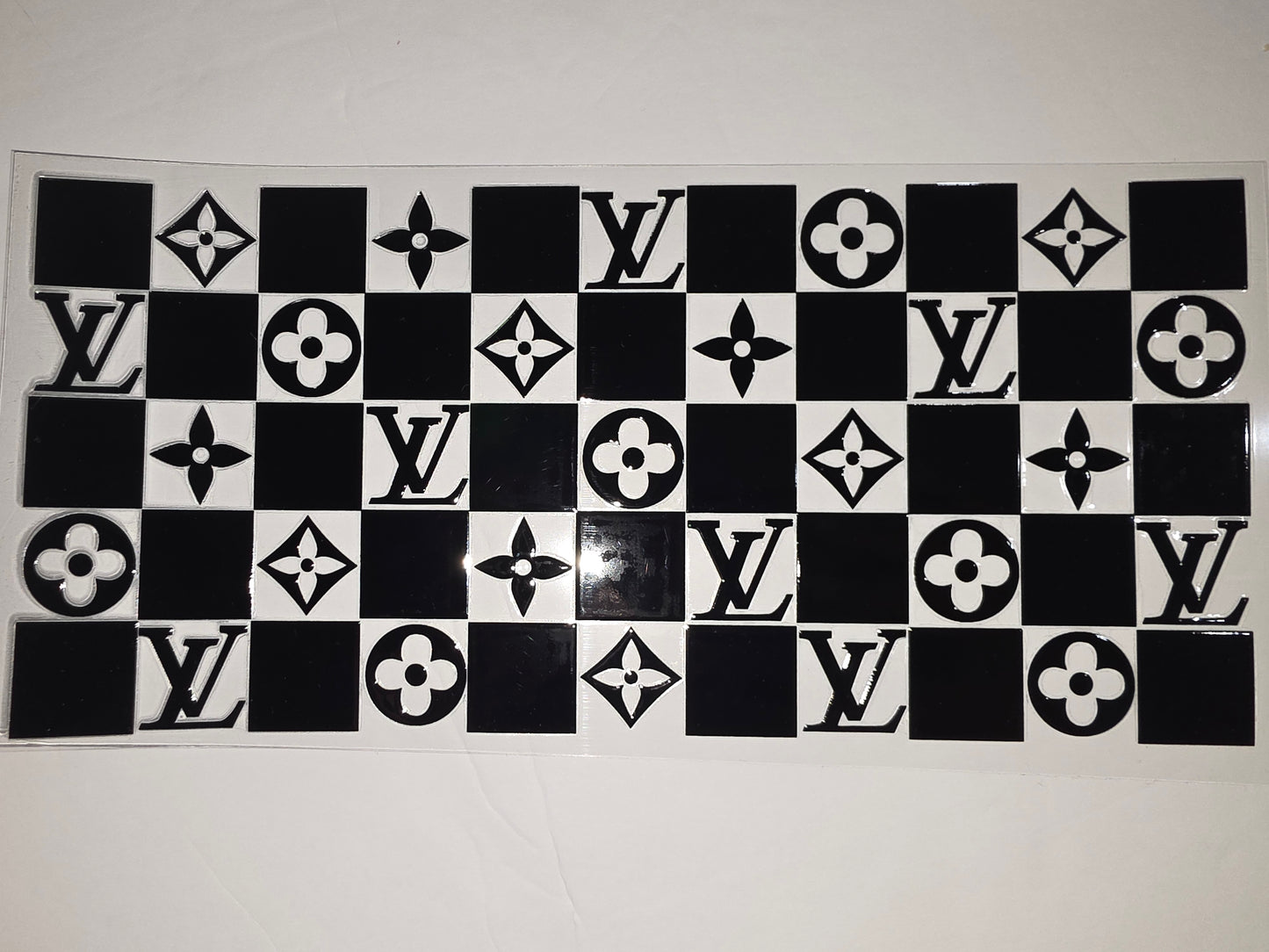 Black & White Checkerboard LV Flower Tumbler Wrap - Luxury Monogram Drinkware Decal