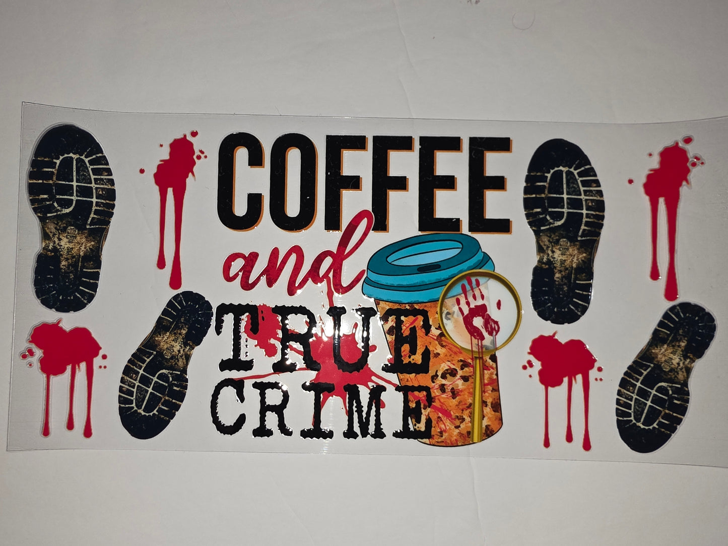 Coffee and True Crime Tumbler Wrap - Bloody Footprints & Magnifying Glass Design