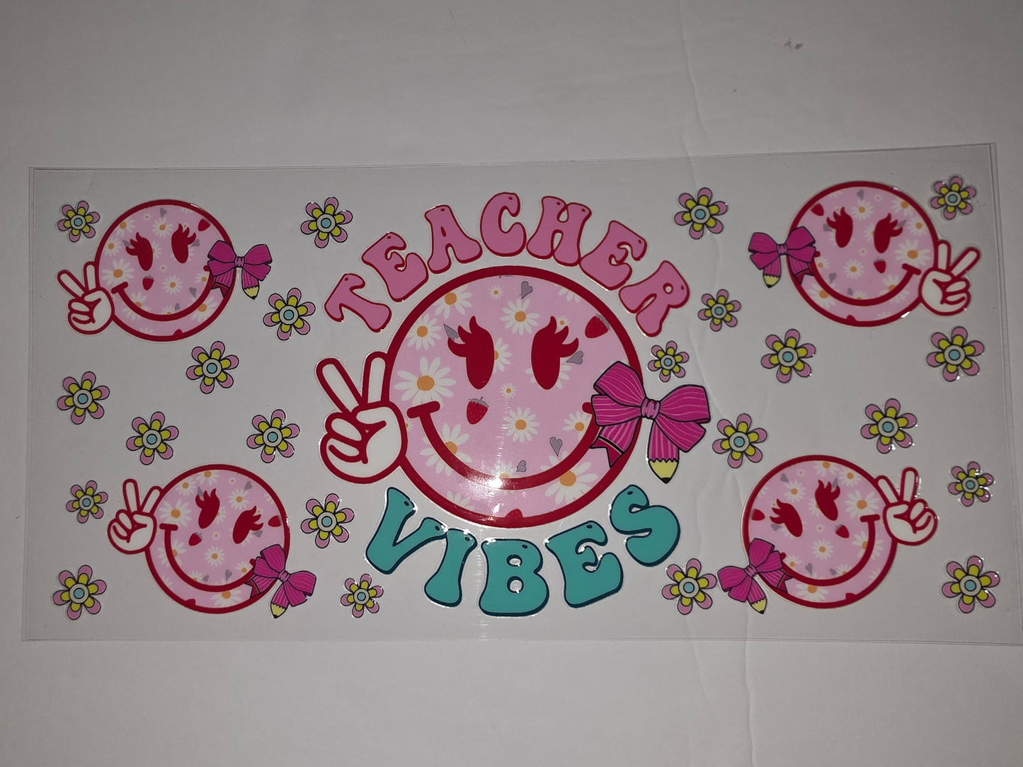 Retro Teacher Vibes Smiley Face Tumbler Wrap | Pink Daisy & Peace Sign Design