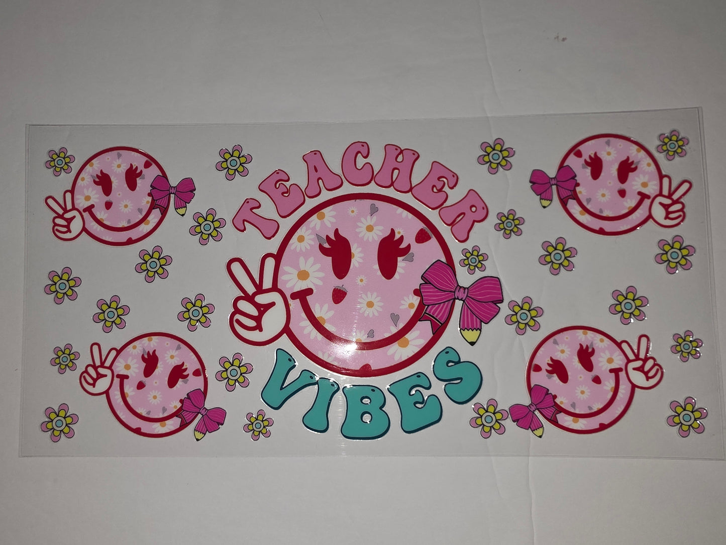 Retro Teacher Vibes Smiley Face Tumbler Wrap - Pink Daisy & Flower Design