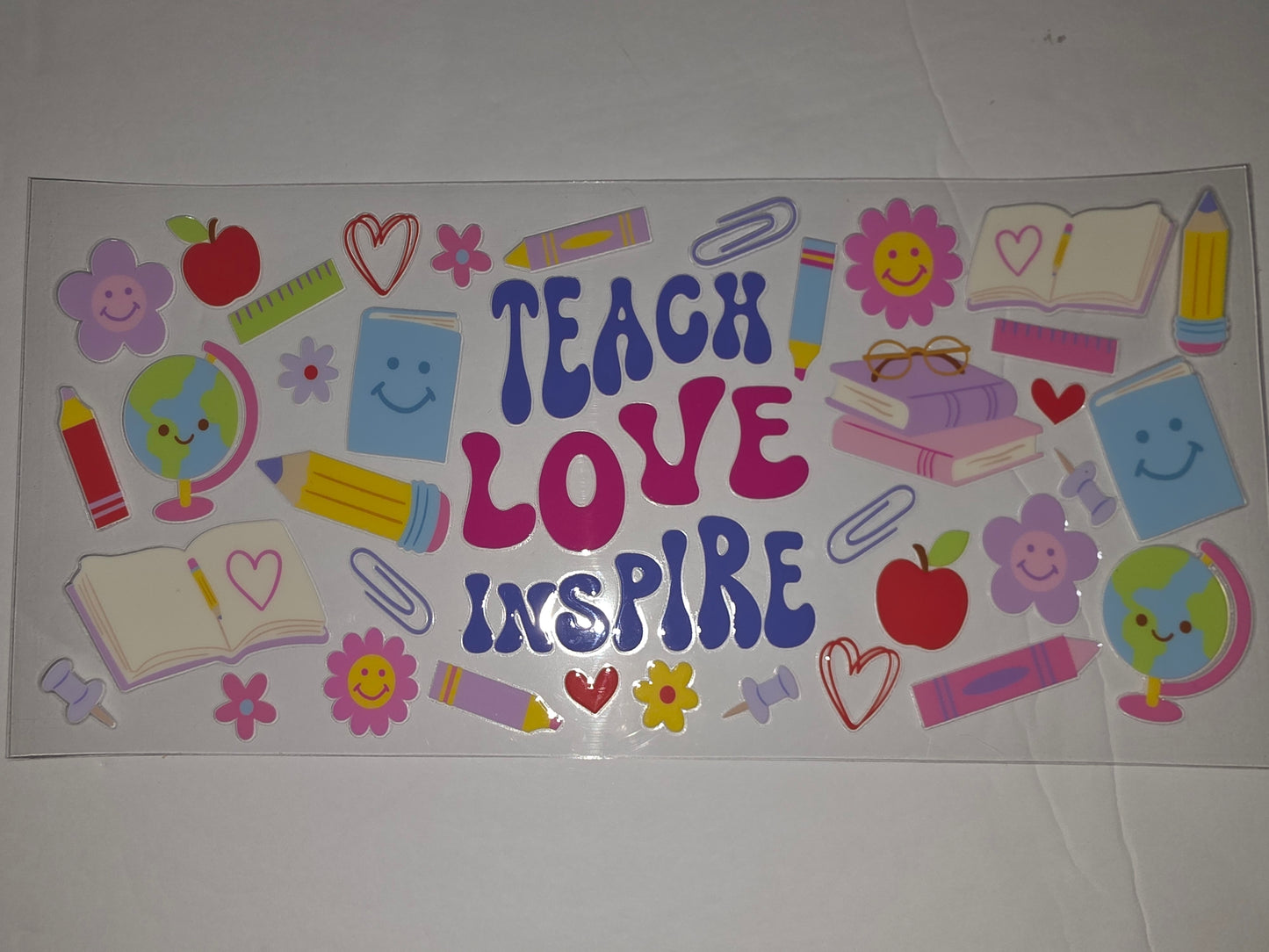 Teach Love Inspire Tumbler Wrap - Cute School & Teacher Theme with Apples, Books, Globes & Flowers