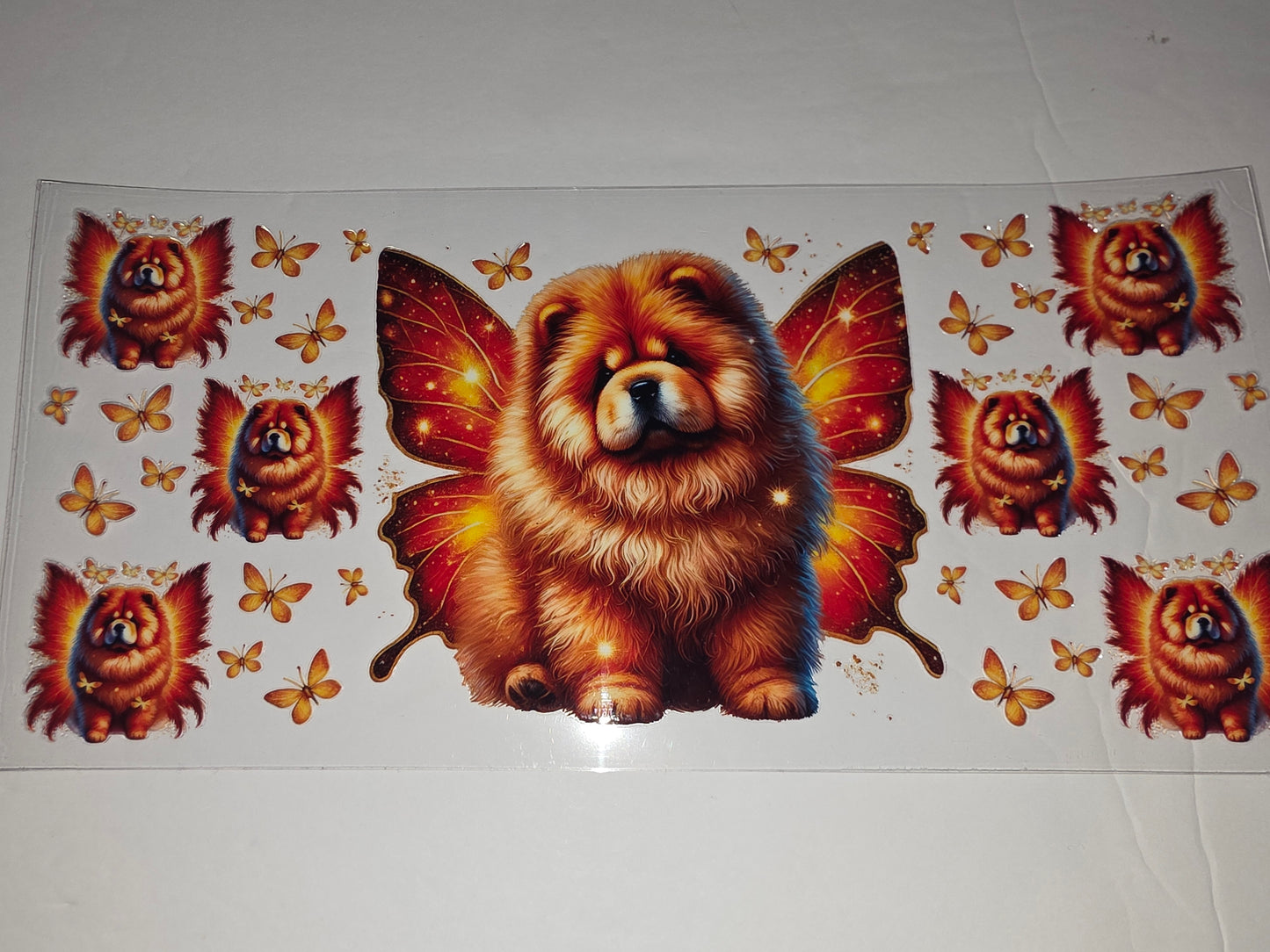 Fairy Chow Chow Dog Butterfly Wings Tumbler Wrap - Orange & Gold Design