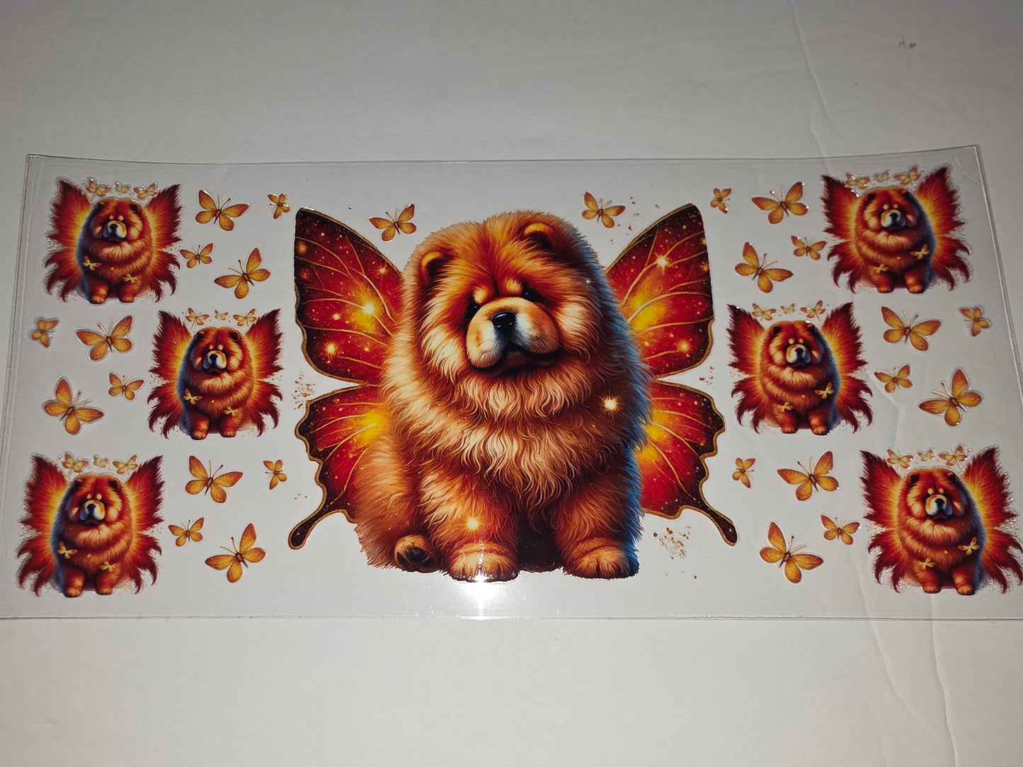 Fairy Chow Chow Dog Butterfly Wings Tumbler Wrap - Orange & Gold Sparkle Design