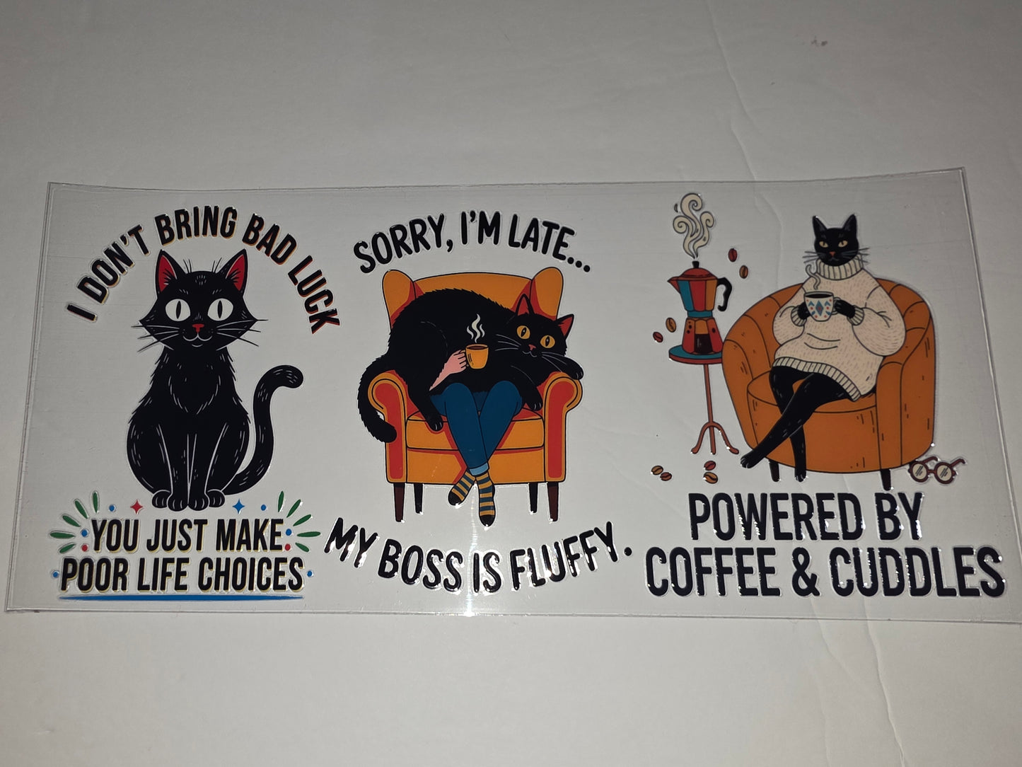 Funny Black Cat Tumbler Wrap - Coffee Lover & Cat Mom Gift - "Powered by Coffee & Cuddles"