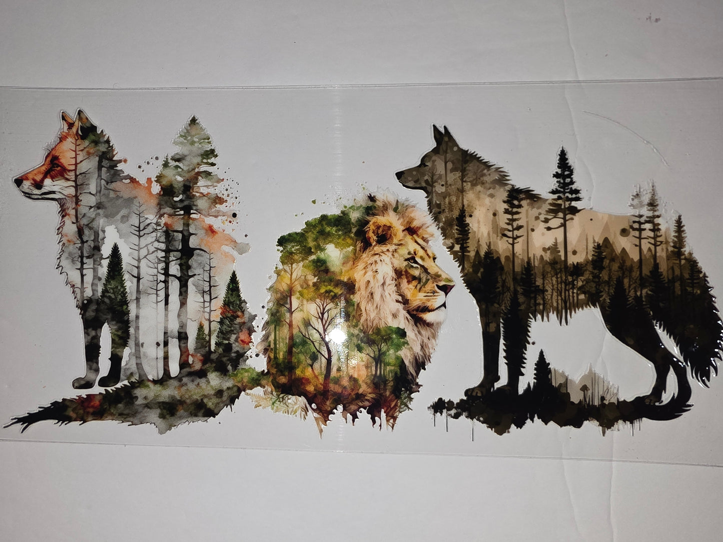Forest Wildlife Tumbler Wrap - Fox, Lion, Wolf Silhouette with Trees - Nature Sublimation Design