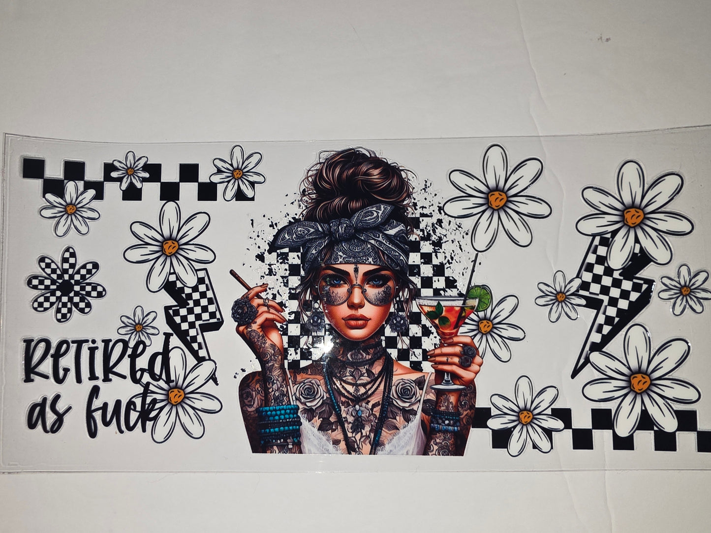 Retired AF Daisy & Checkerboard Tumbler Wrap | Tattooed Woman Drinkware Design
