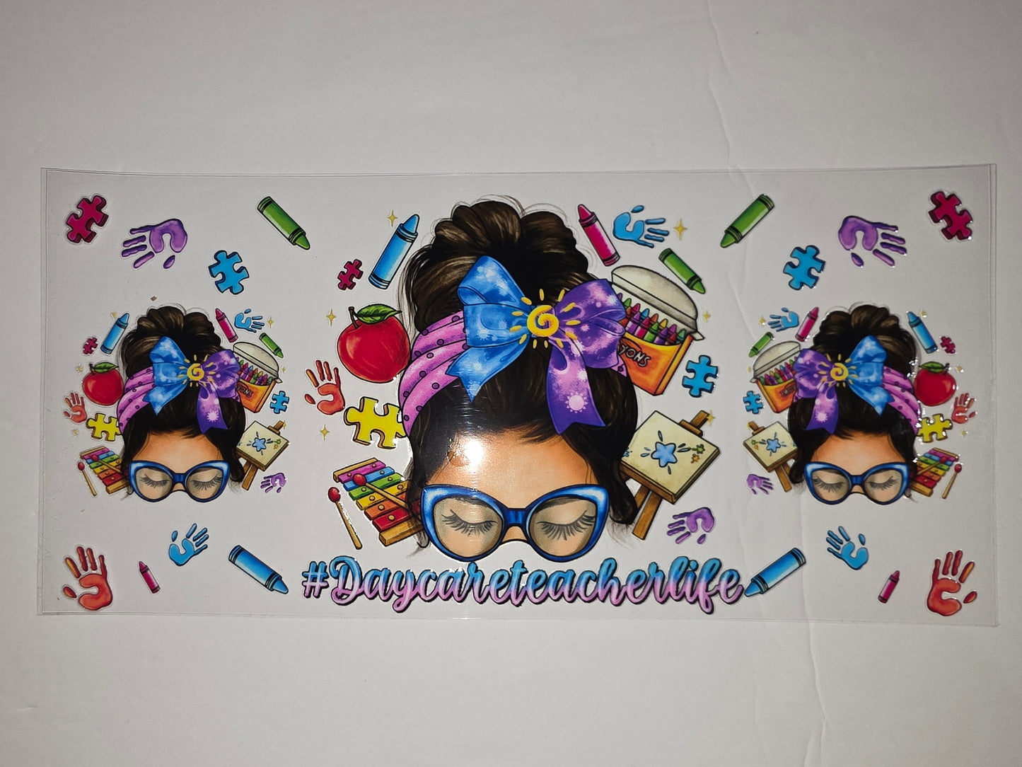 Daycare Teacher Life Tumbler Wrap | Messy Bun, Crayons, Puzzles, Apple Design