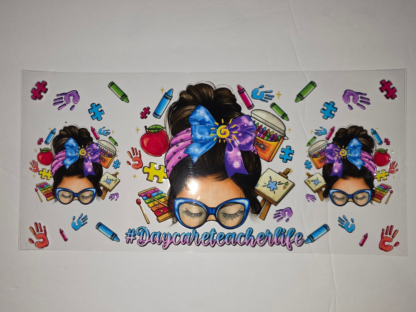 Daycare Teacher Life Tumbler Wrap | Cute Girl, Crayons, Puzzles, Apple | Blue & Purple