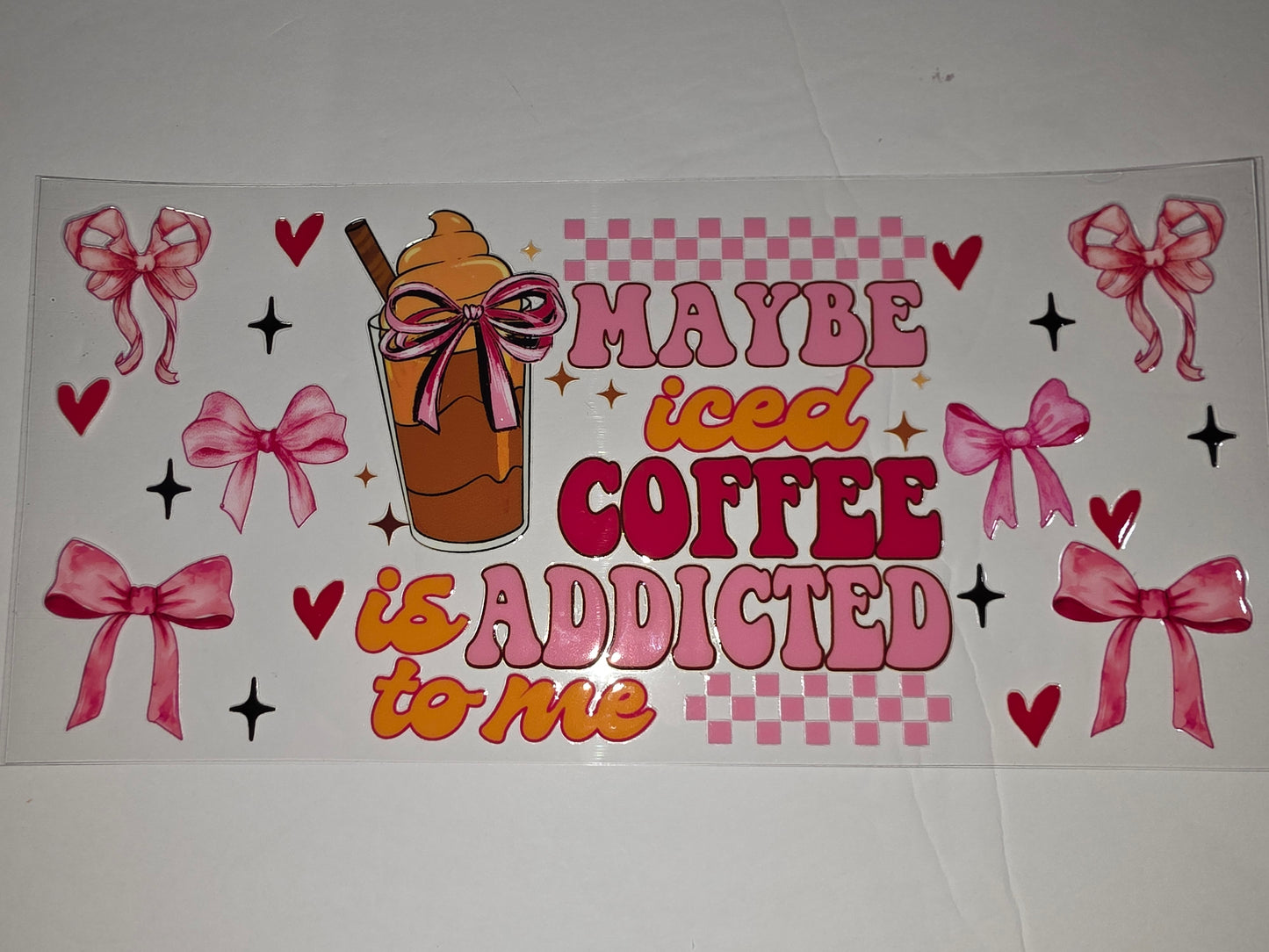 Retro Pink Iced Coffee Tumbler Wrap | Coffee Lover Bows & Hearts Design