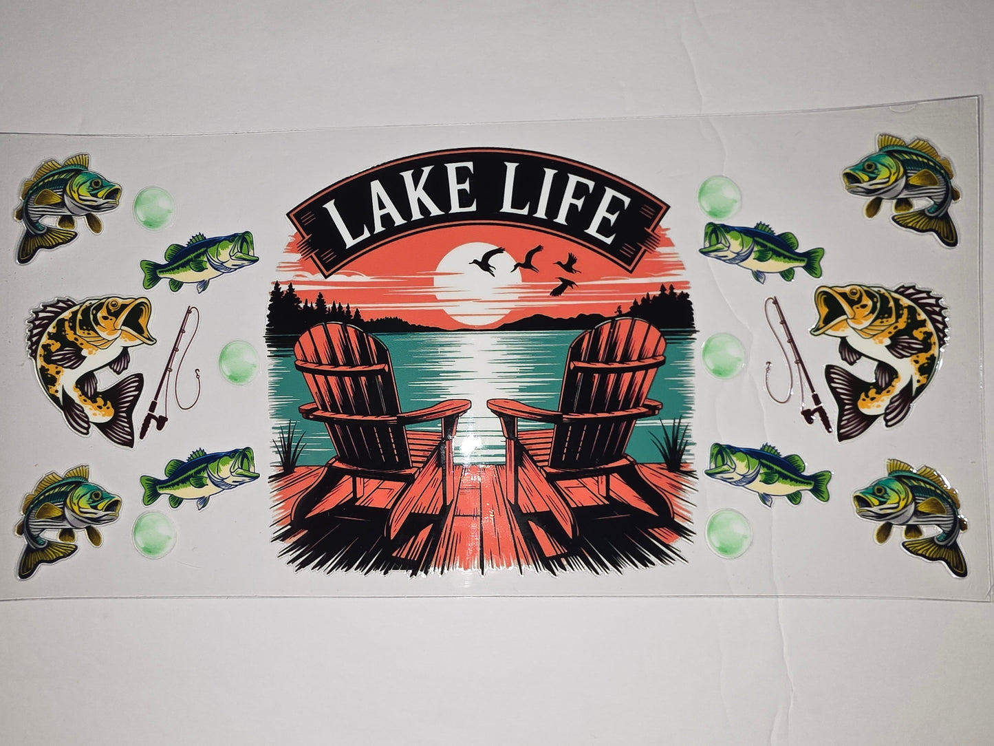 Lake Life Bass Fishing Adirondack Chairs Sunset Tumbler Wrap - Vibrant Green & Orange