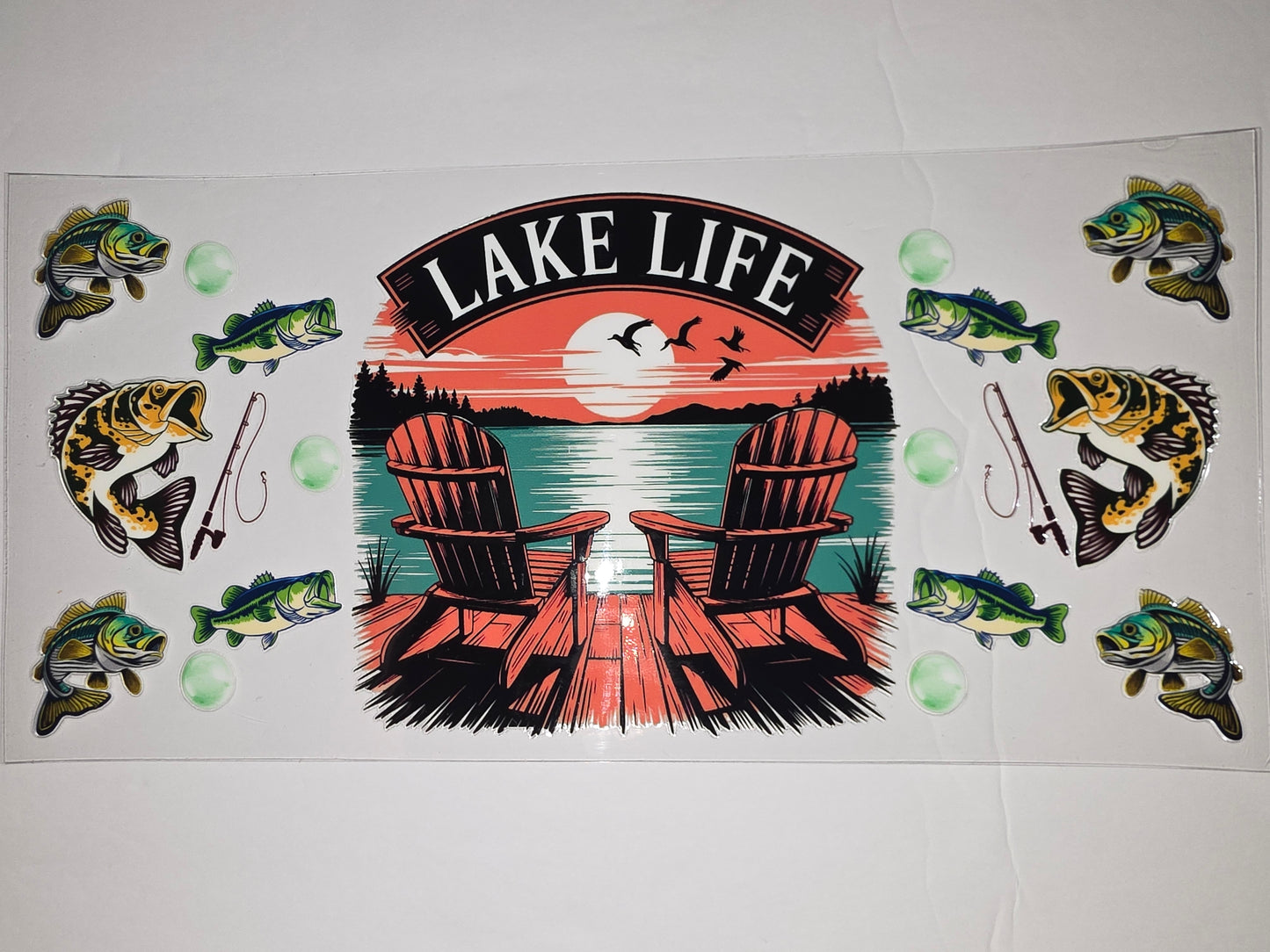 Lake Life Fishing Tumbler Wrap | Bass, Adirondack Chairs, Sunset Scene | Vibrant Green & Orange