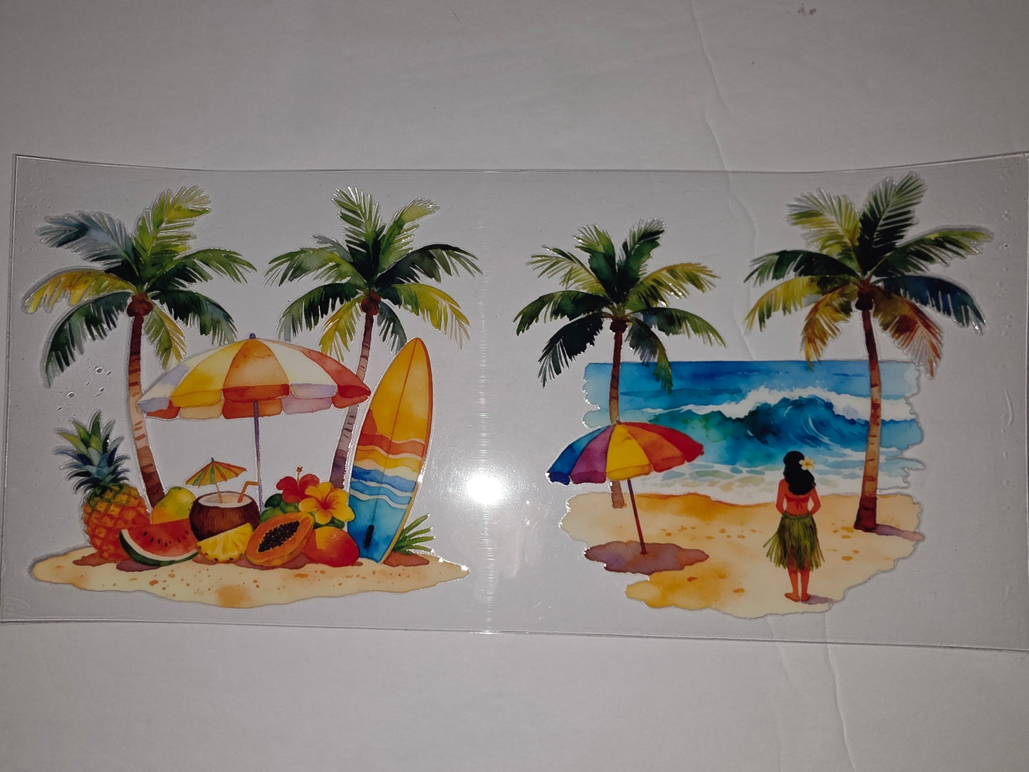 Tropical Beach Scene Tumbler Wrap - Palm Trees, Surfboard, Fruit, Hula Dancer