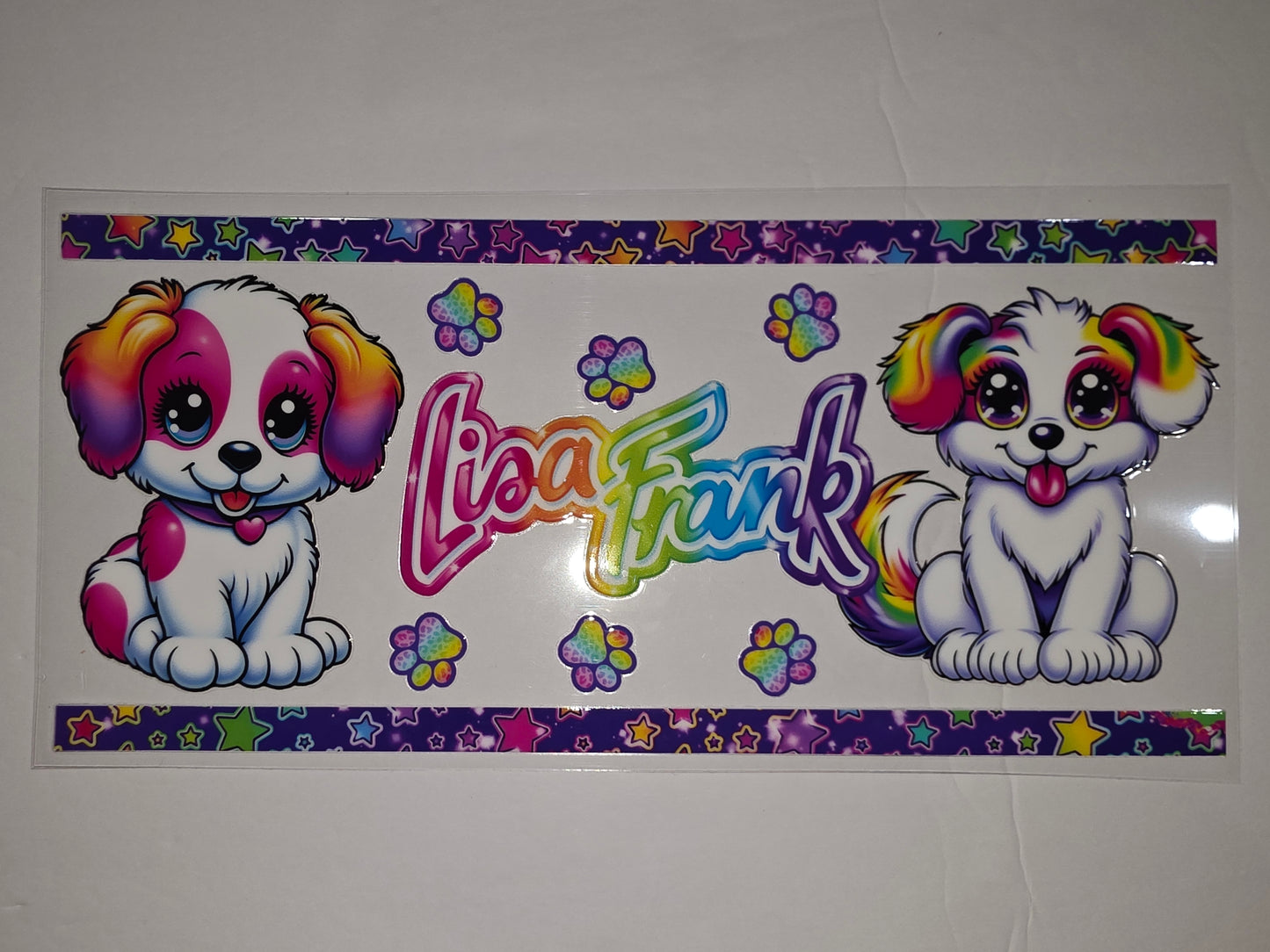 Lisa Frank Inspired Rainbow Puppy Tumbler Wrap - Cute Dog & Stars Design