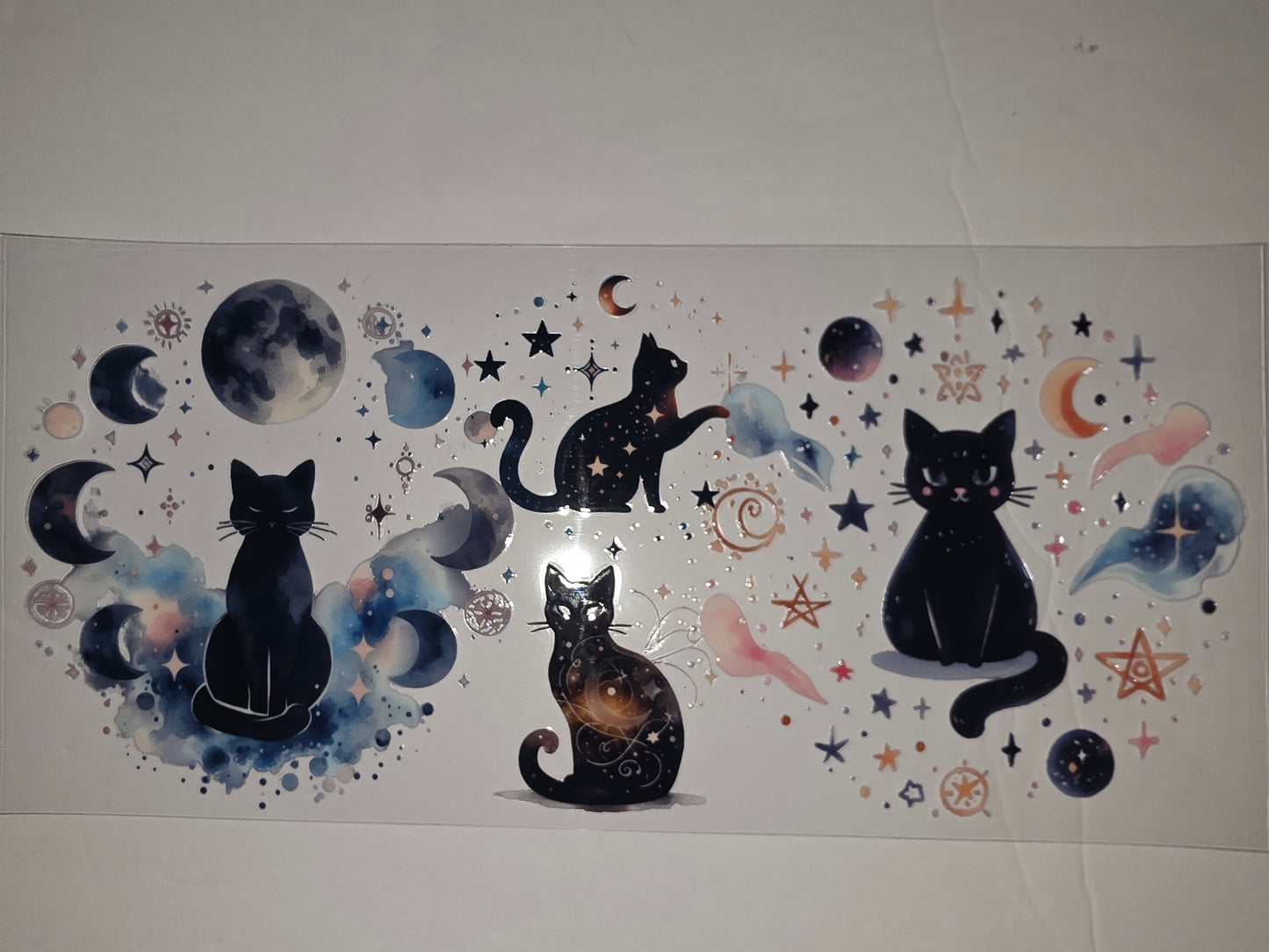 Celestial Black Cat Tumbler Wrap | Moon Stars Cosmic Design | Cute Animal Drinkware Decal